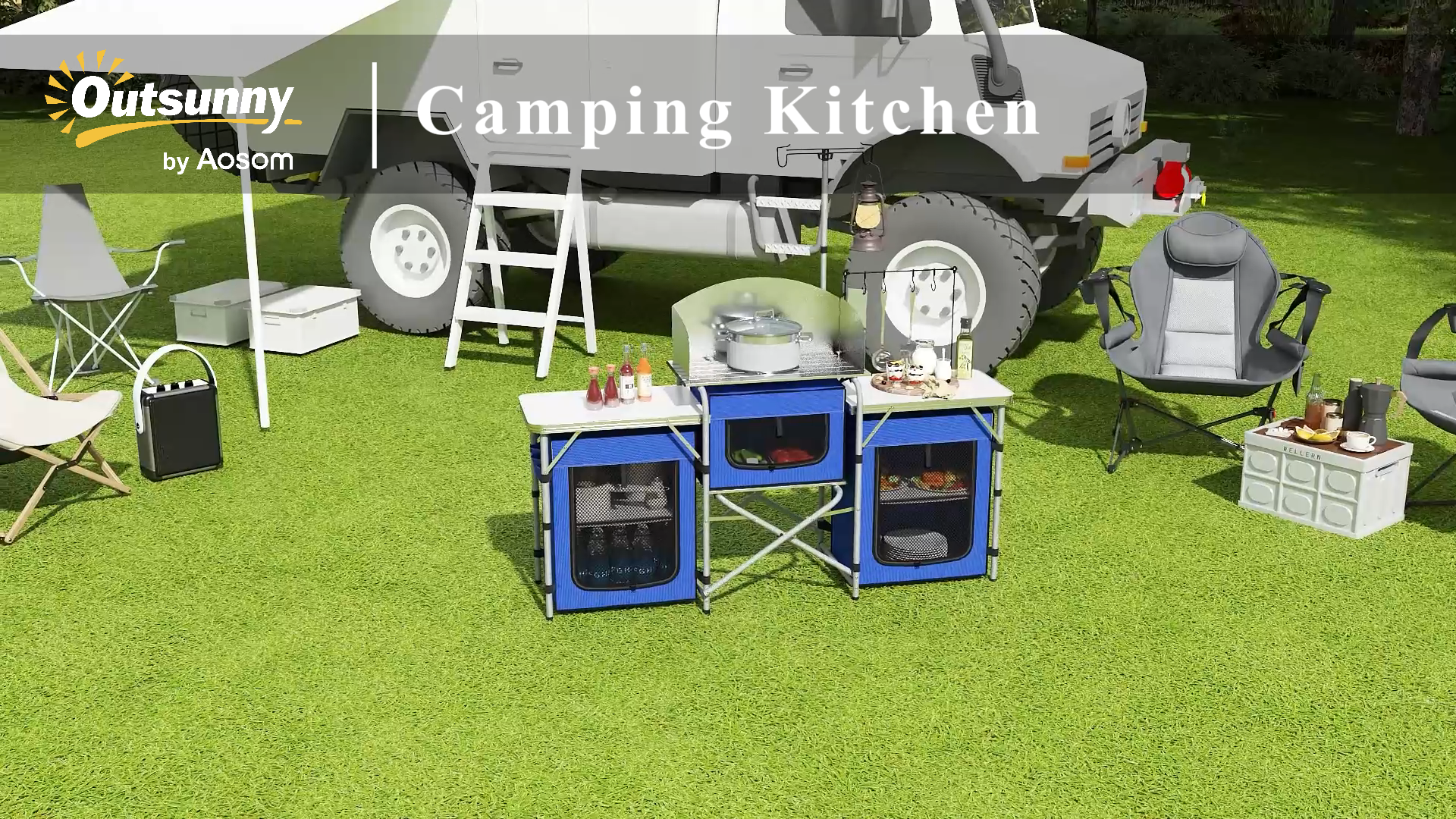thumbnail video image 2 of Outsunny Camping Kitchen Table, Portable Folding Camp Kitchen, Aluminum Cook Station with 3 Fabric Cupboards, Windshield, Carrying Bag, Blue, 2 of 10