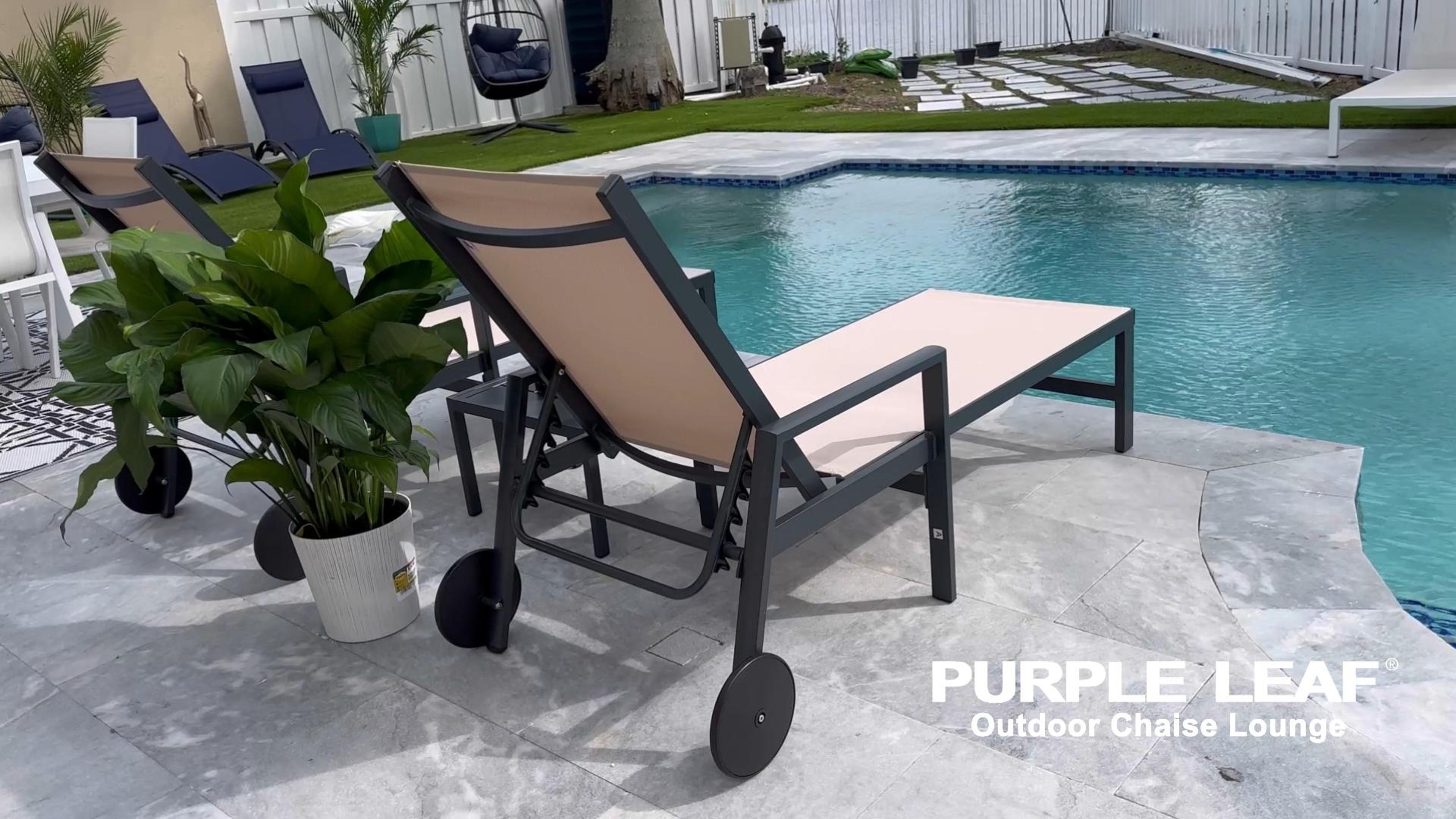 thumbnail video image 2 of PURPLE LEAF 2 Pieces Outdoor Chaise Lounge Aluminum Patio Lounge Chair with Wheels and Armrests Lounge Recliner Chair for Pool Backyard Beach Beige, 2 of 11
