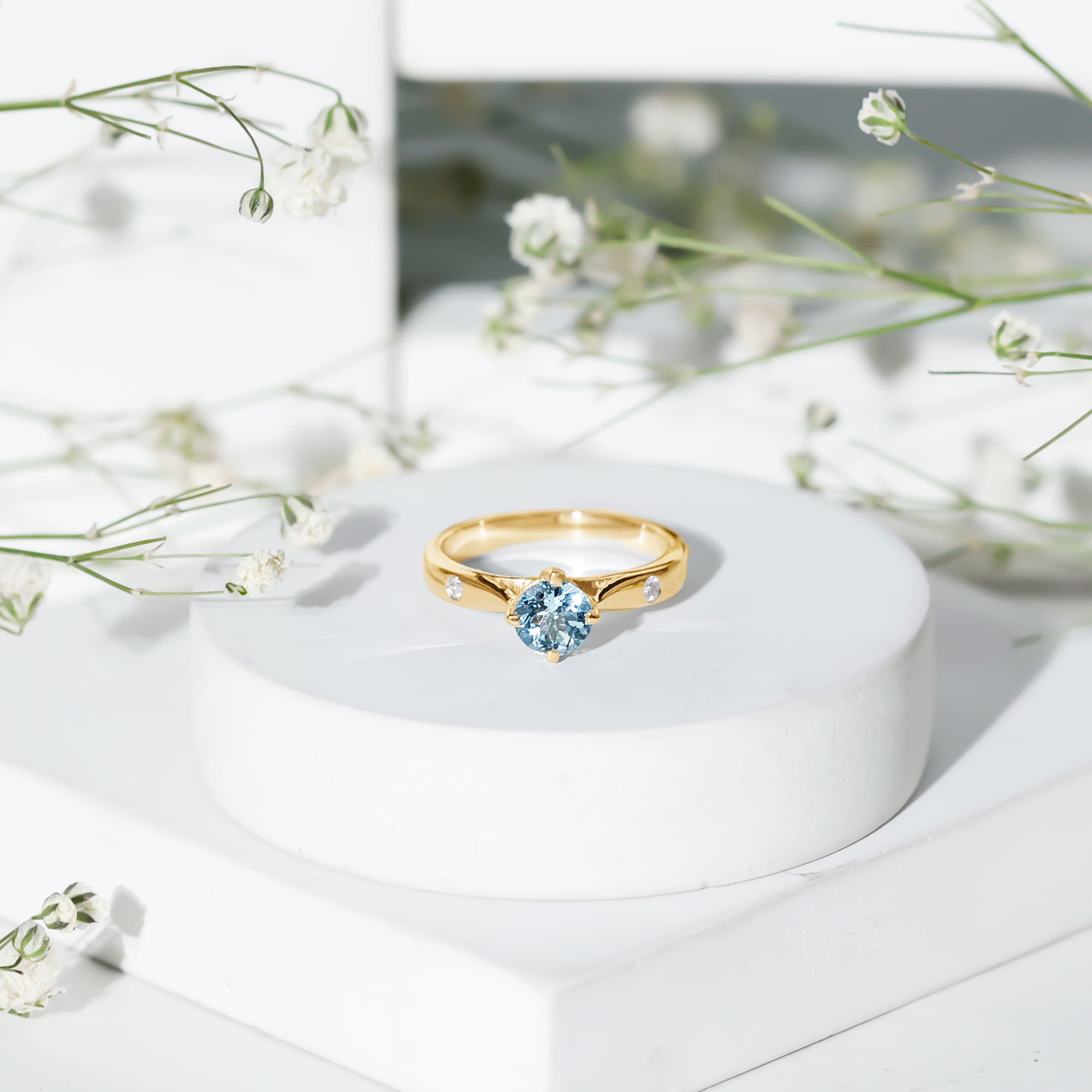 thumbnail video image 2 of Rosec Jewels Aquamarine Engagement Ring with Diamond - 0.8 Carat Round March Birthstone Ring - AAA Grade - with Jewelry Box, 18K White Gold, US 7.00, 2 of 8