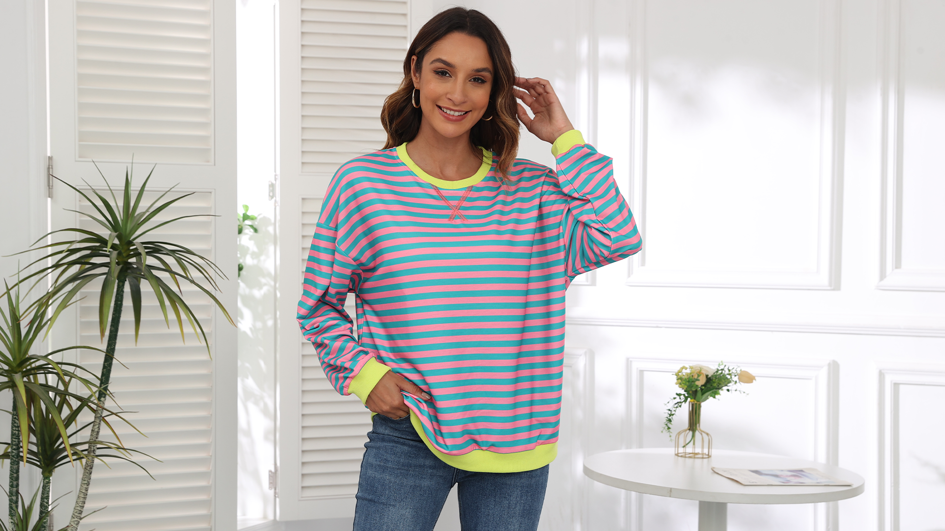 thumbnail video image 2 of FIUFY Women's Casual Sweatshirt Long Sleeve Pullover Top Oversized Shirt With Striped Color Block, 2 of 8