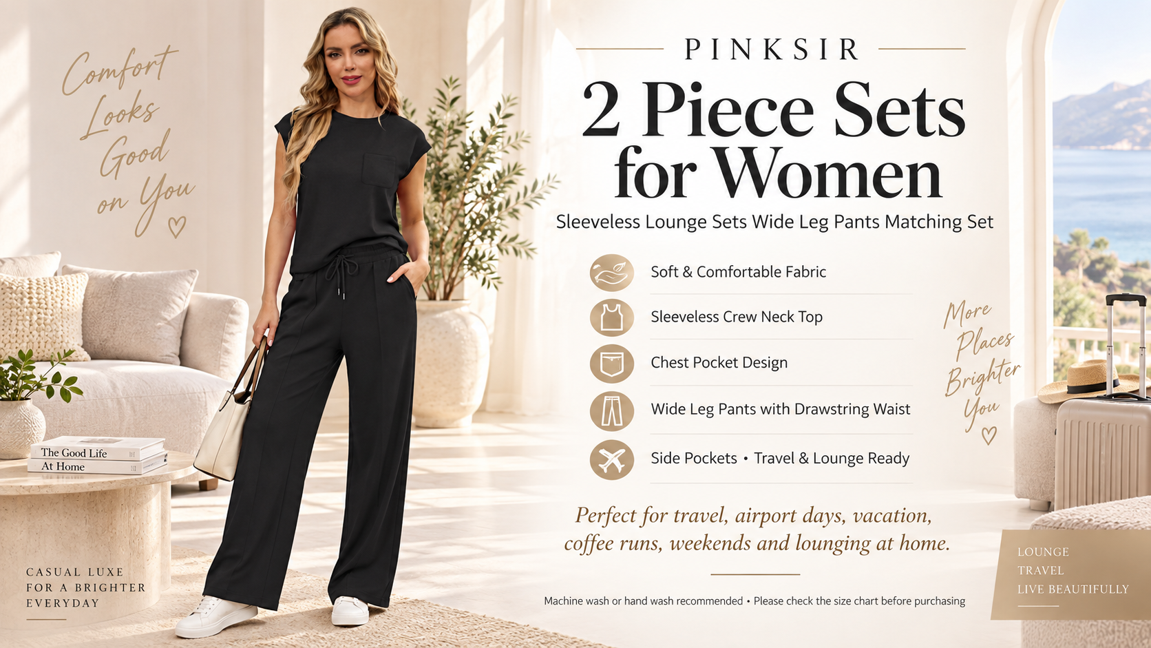 thumbnail video image 2 of PINKSIR 2 Piece Sets for Women Sleeveless Lounge Sets Wide Leg Pants Matching Set Travel Vacation Outfits with Pockets, 2 of 9