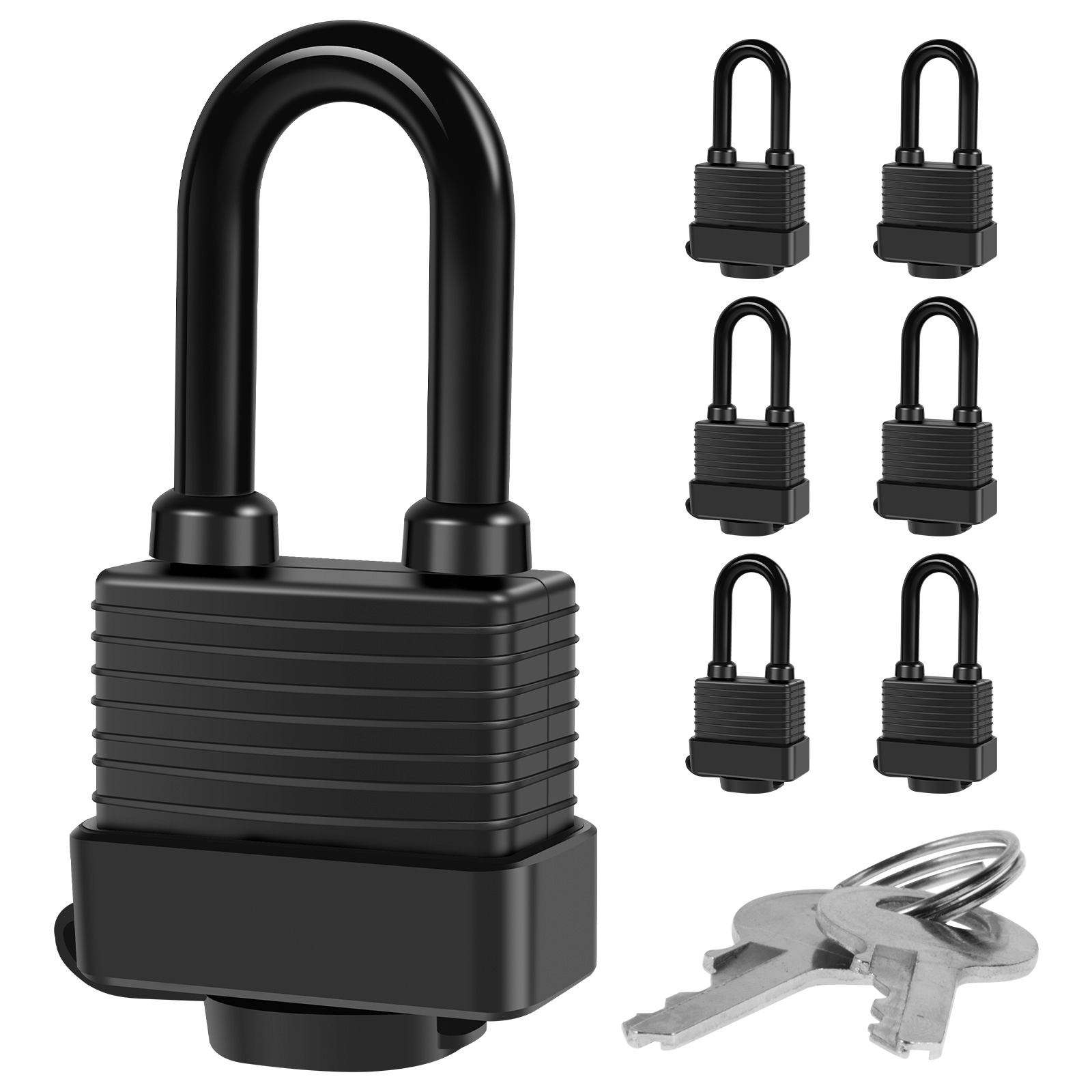 thumbnail video image 2 of ﻿ OKYMOTOR 6Pcs Heavy Duty Waterproof Padlocks, 1-9/16 Inch Laminated Steel Security Locks with 12 Steel Keys for Outdoor Use ﻿, 2 of 7