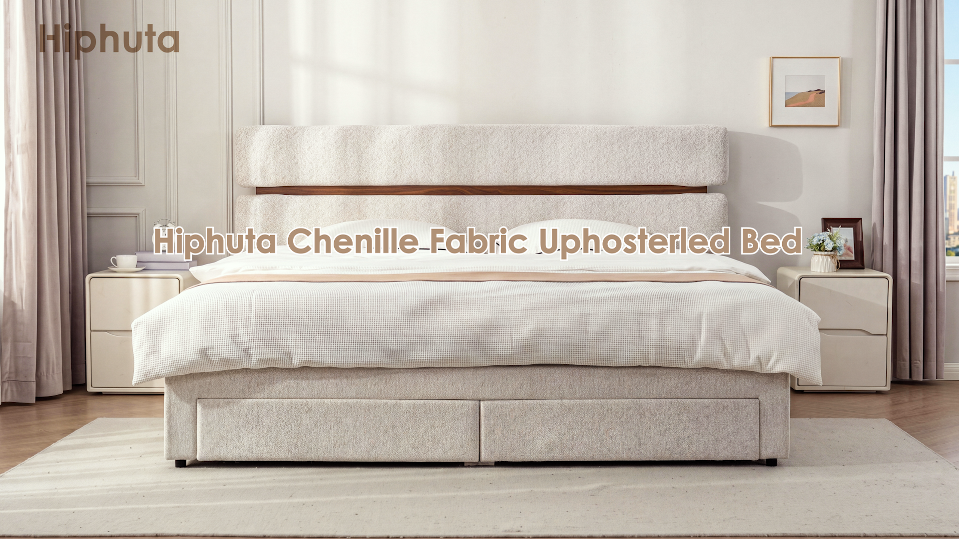 thumbnail video image 2 of Hiphuta Chenille Queen Bed Frame, Queen Size Upholstered Beds with Storage Drawer and LED, White, 2 of 10