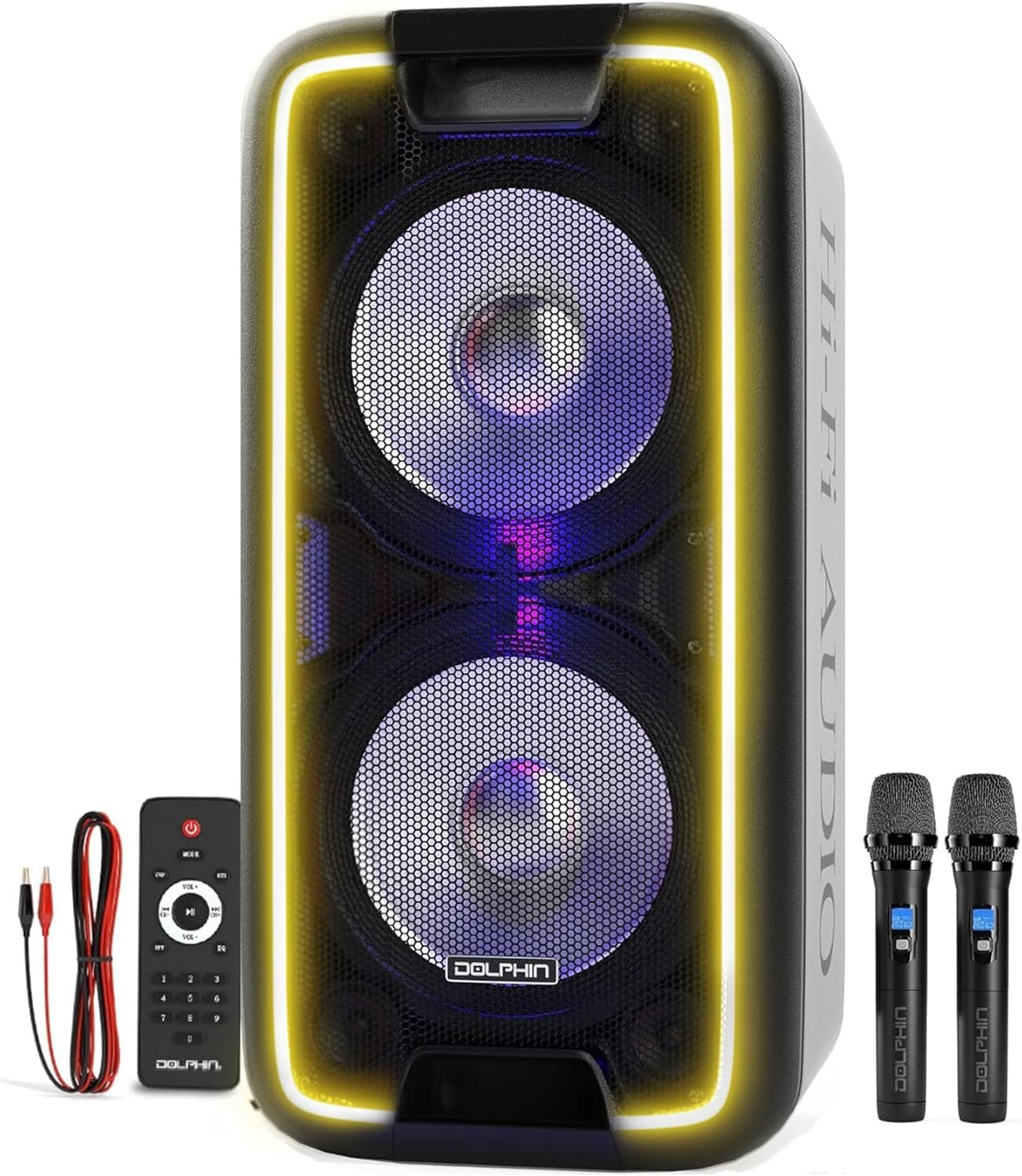 thumbnail video image 2 of Dolphin SP-210RBT Portable Bluetooth Party Speaker on Wheels with Lights, 10" PartyBox, 2 of 11