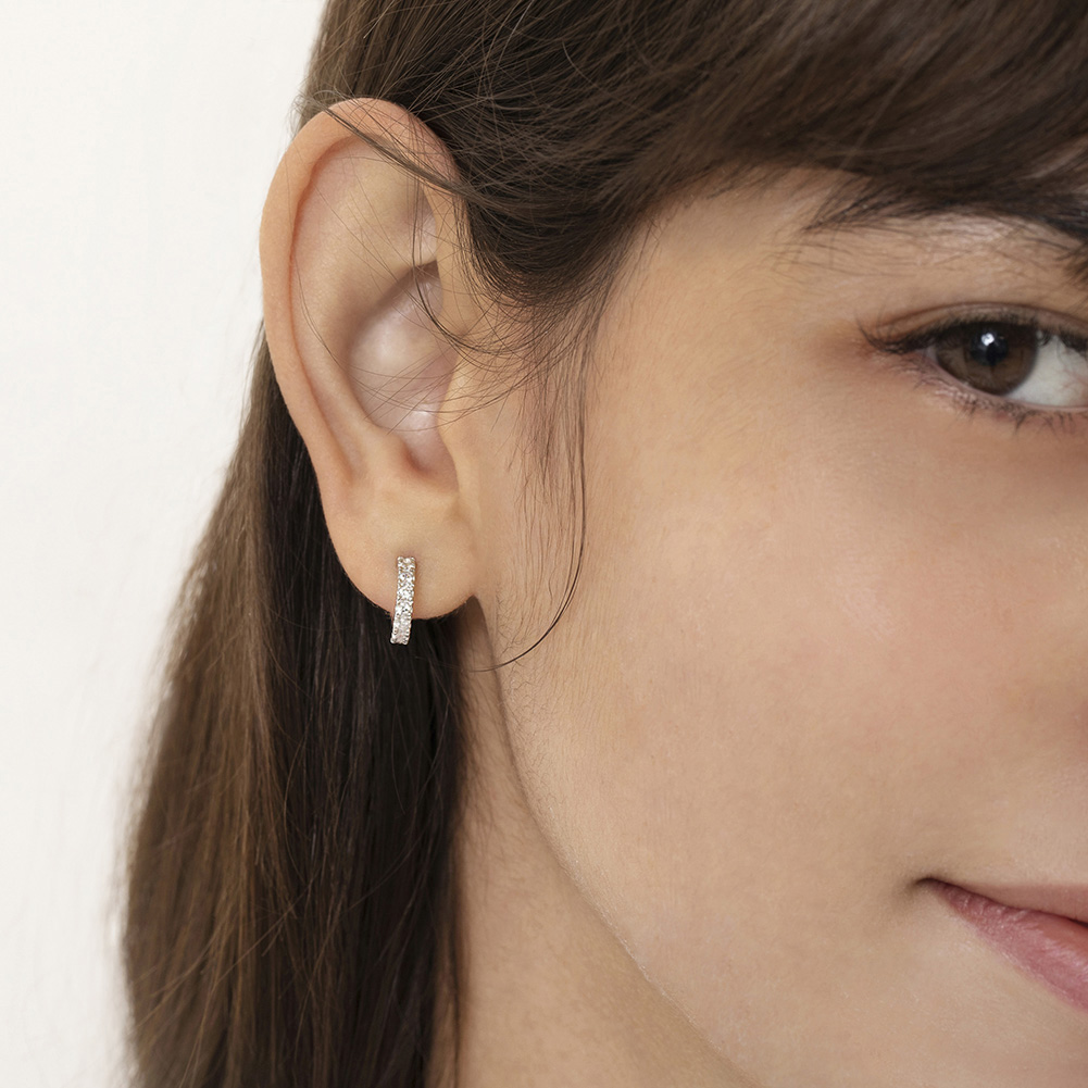 thumbnail video image 2 of 925 Sterling Silver Clear CZ Small Half Hoop Screw Back Cute Earrings for Teen, 2 of 8