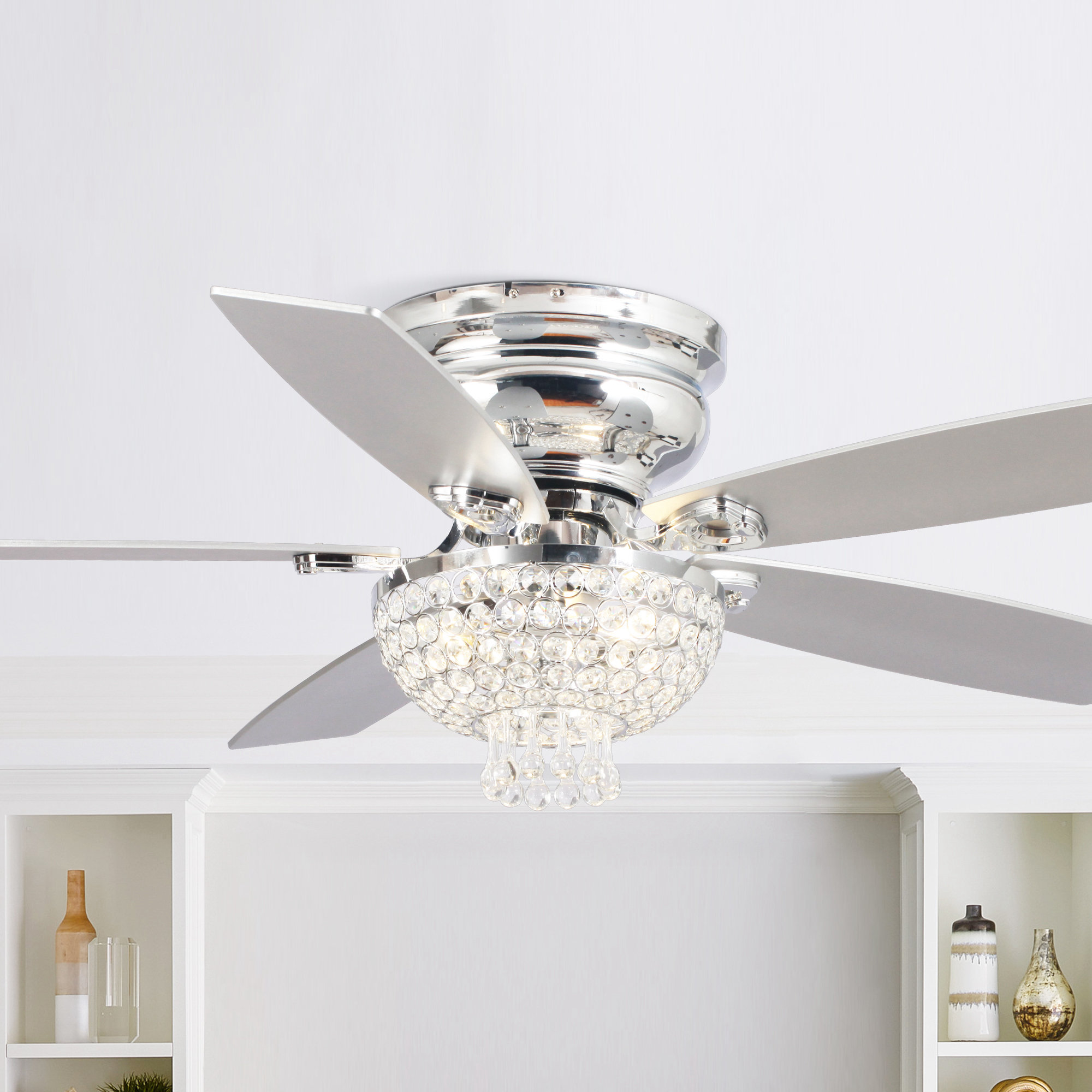 thumbnail video image 2 of Parrot Uncle 52" Modern Chrome Flush Mount Chandelier Ceiling Fan with Lights and Remote, Low Profile Ceiling Fan for Bedroom, Living Room, 2 of 12