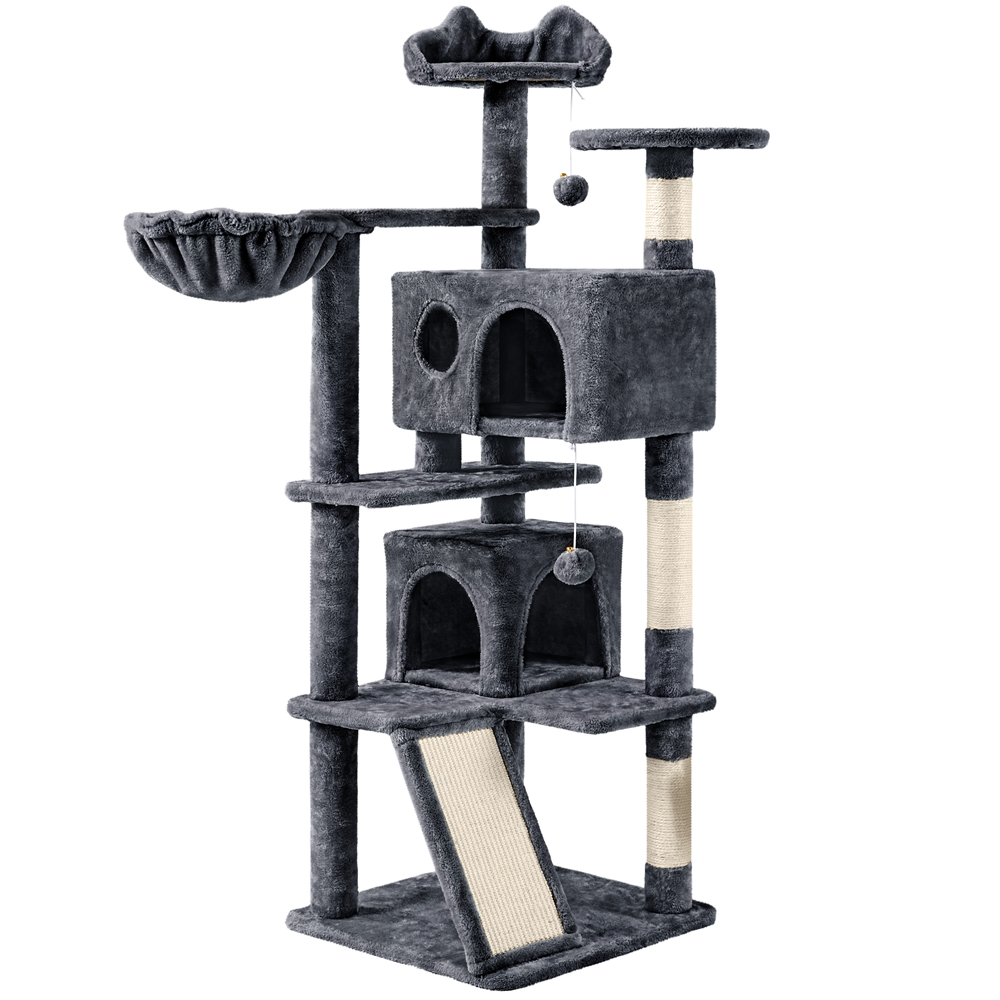 thumbnail video image 2 of Yaheetech 57.4''H Cat Tree Tower Cat House with 2 Condos, Scratching Posts, Ramp, Dark Gray, 2 of 9