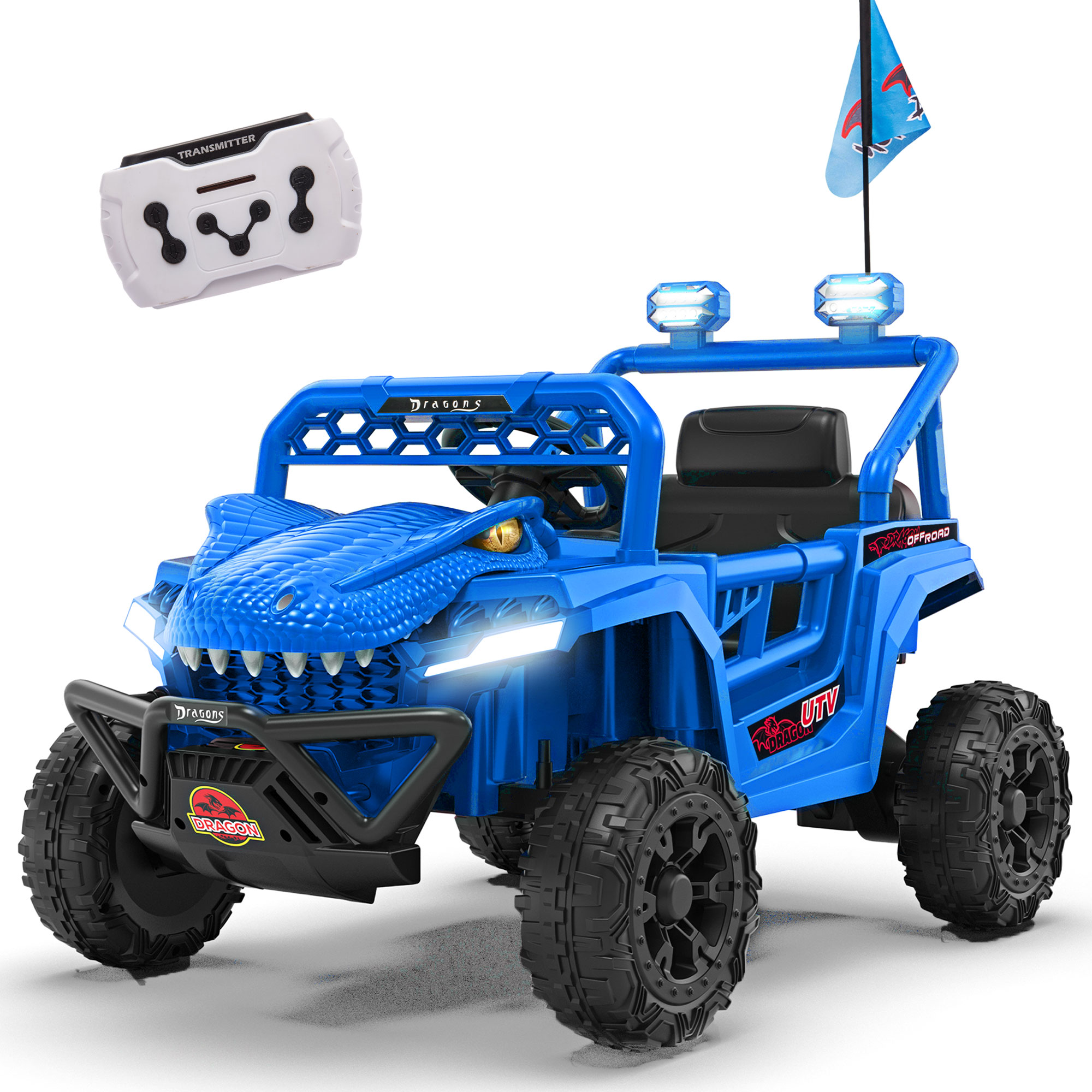 thumbnail video image 2 of 12V Ride On Cars for Kids, Kids Ride on Toys with Remote Control, Dinosaur Kids UTV Cars, 4 Wheel Suspension Electric Vehicle with Bluetooth, Music, LED, Ideal Gift for Boys Girls 2-4, Blue, 2 of 9