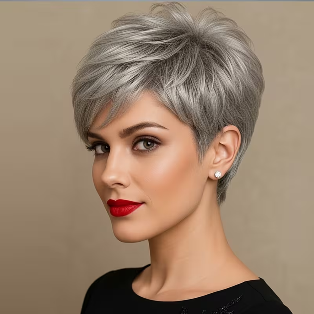thumbnail video image 2 of Short Gray Pixie Cut Wig for Women 150% Density Virgin Human Hair Full Machine Made Short Layered Wigs with Bangs for Daily Wear Pixie Cut Straight Style, 2 of 8