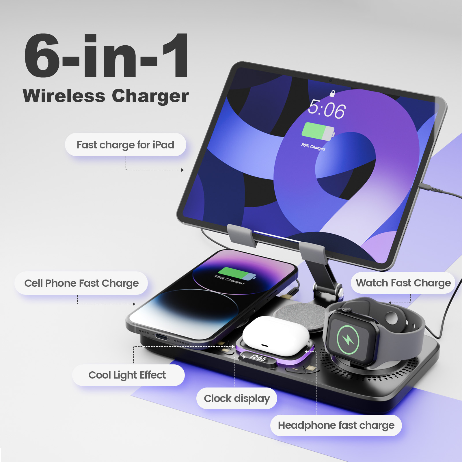 thumbnail video image 2 of 6 in 1 Wireless Charger for iPhone Airpods iWatch, Foldable Magnetic Charging Station for Apple Multiple Devices,Travel Charging Pad Dock Compatible with Apple 12 and above series, 2 of 13