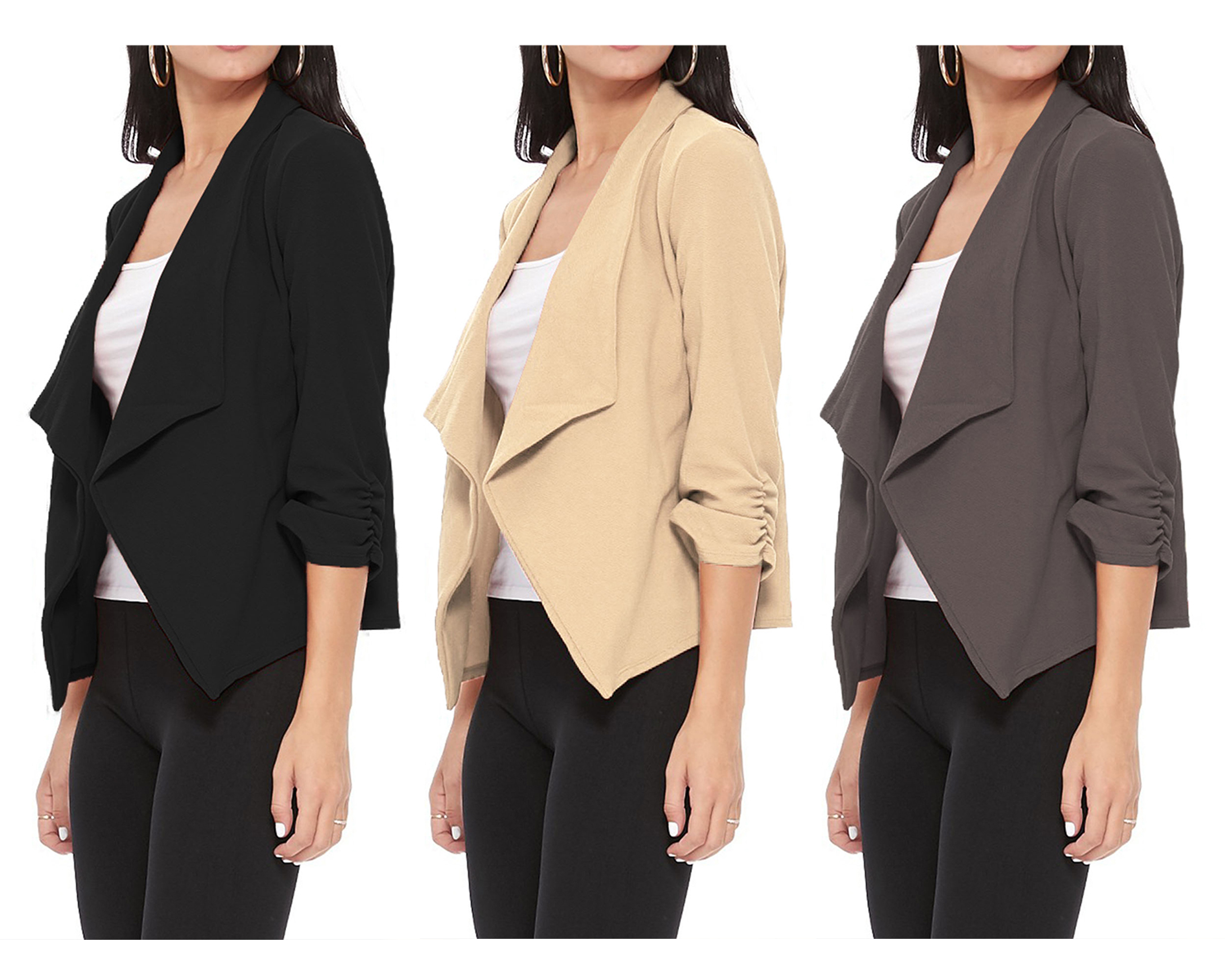 thumbnail video image 2 of Women's Elegant Draped Blazer Casual Open Front 3/4 Sleeve Jacket, 2 of 6