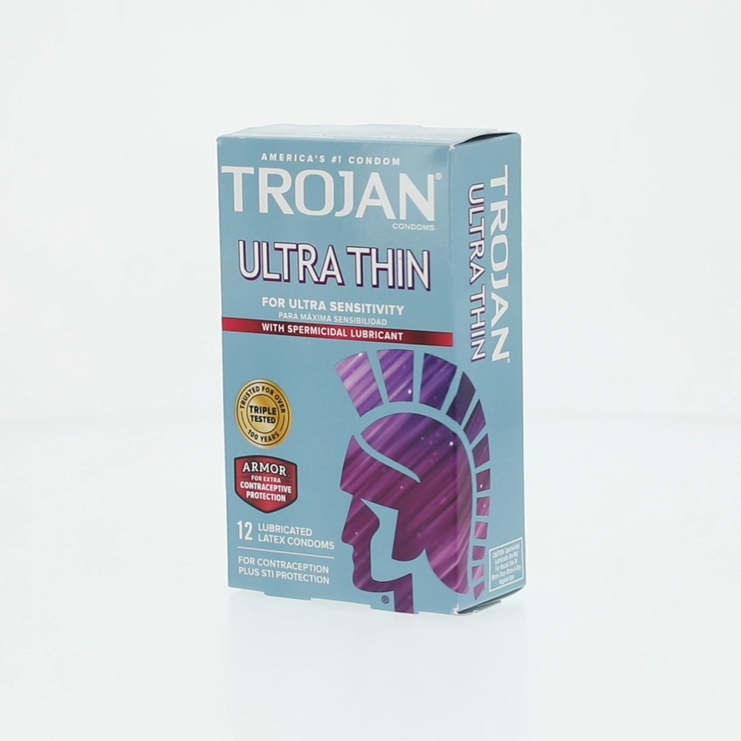 4 pack) Trojan Ultra Thin Plus Spermicide Latex Lubricated Condoms for Men,  12 Count