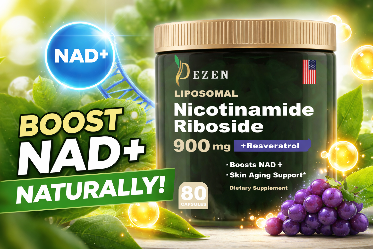 thumbnail video image 2 of DEZEN NAD+ Supplement – Liposomal Nicotinamide Riboside for Cellular Energy Support & Healthy Aging - Pack 3, 2 of 11