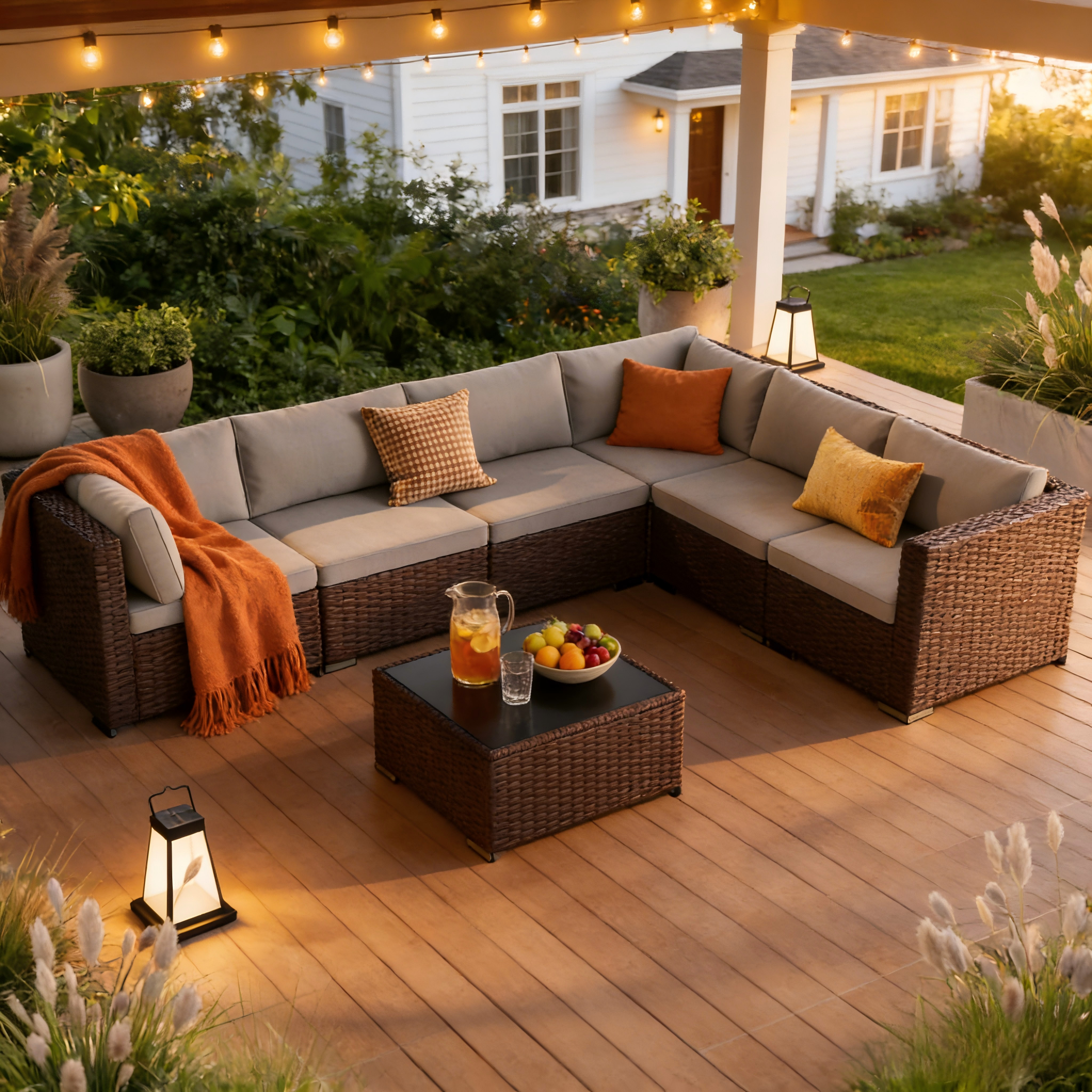 thumbnail video image 2 of Lofka 7-Piece PE Rattan Patio Furniture Set, All-Weather Outdoor Sectional Sofa with Glass Coffee Table & Waterproof Gray Cushions, Modular Wicker Conversation Set for Backyard, Garden, Poolside, 2 of 17