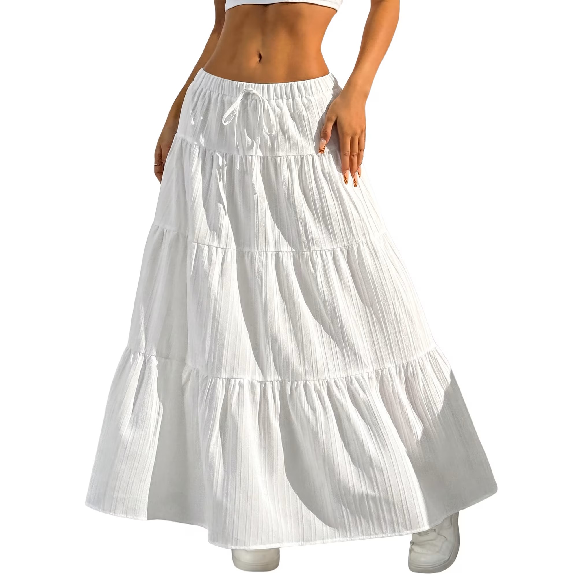 thumbnail video image 2 of JIRNYORLL Womens Boho Flowy Maxi Skirt Ruffle Tiered Elastic Waist Beach Vacation Casual Long Skirts, White S, 2 of 7