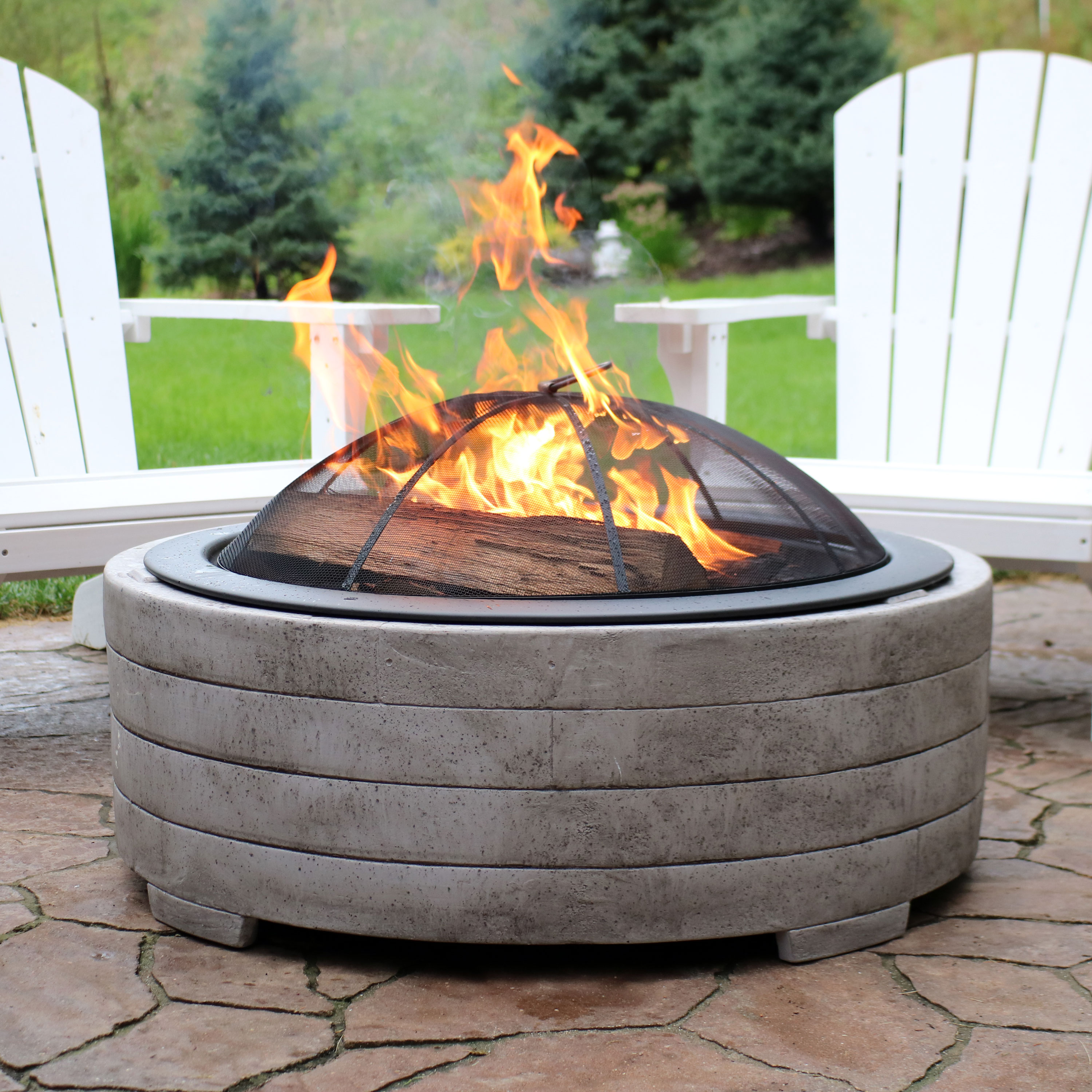 thumbnail video image 2 of Sunnydaze 36" Round Wood-Burning Faux Stone Fire Pit Bowl with Spark Screen and Poker, 2 of 8