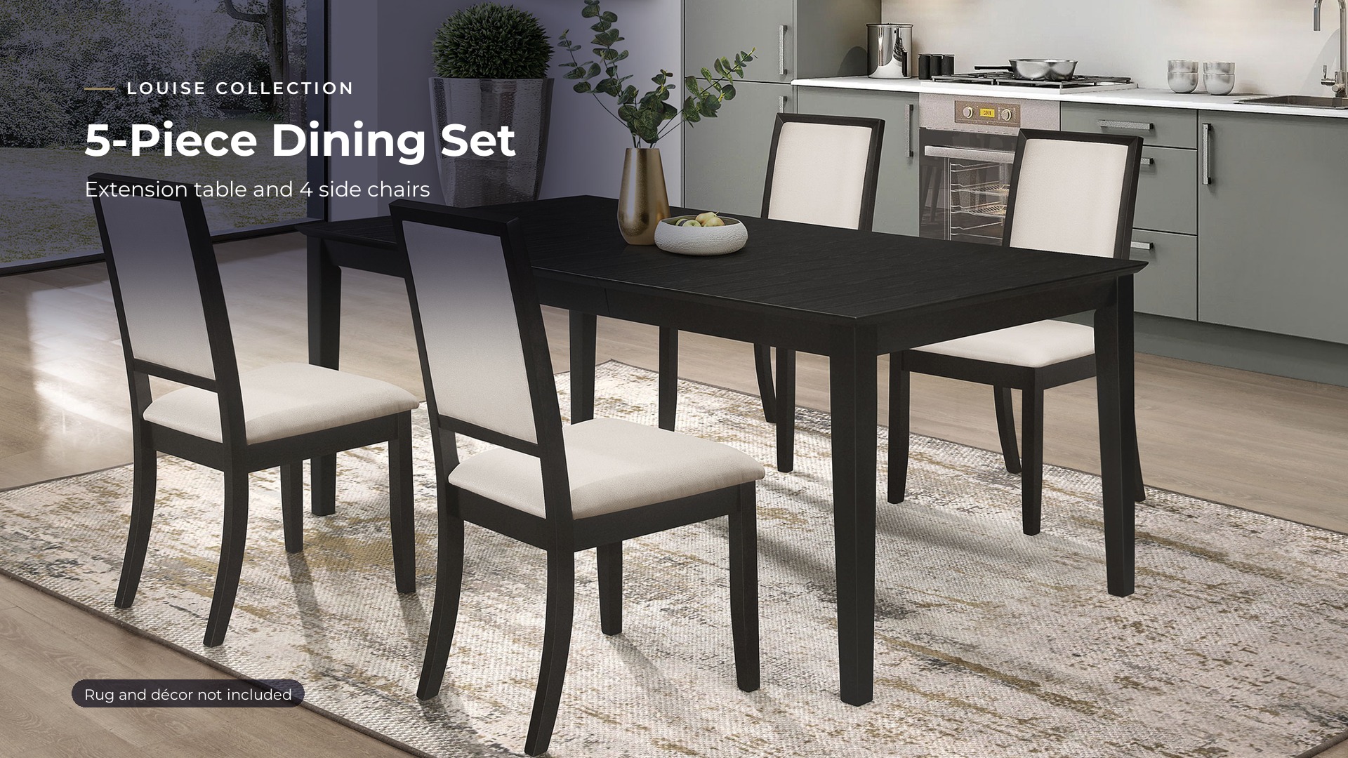 thumbnail video image 2 of Coaster Louise 5-Piece Rectangular Extension Leaf Dining Set, Black, 2 of 10