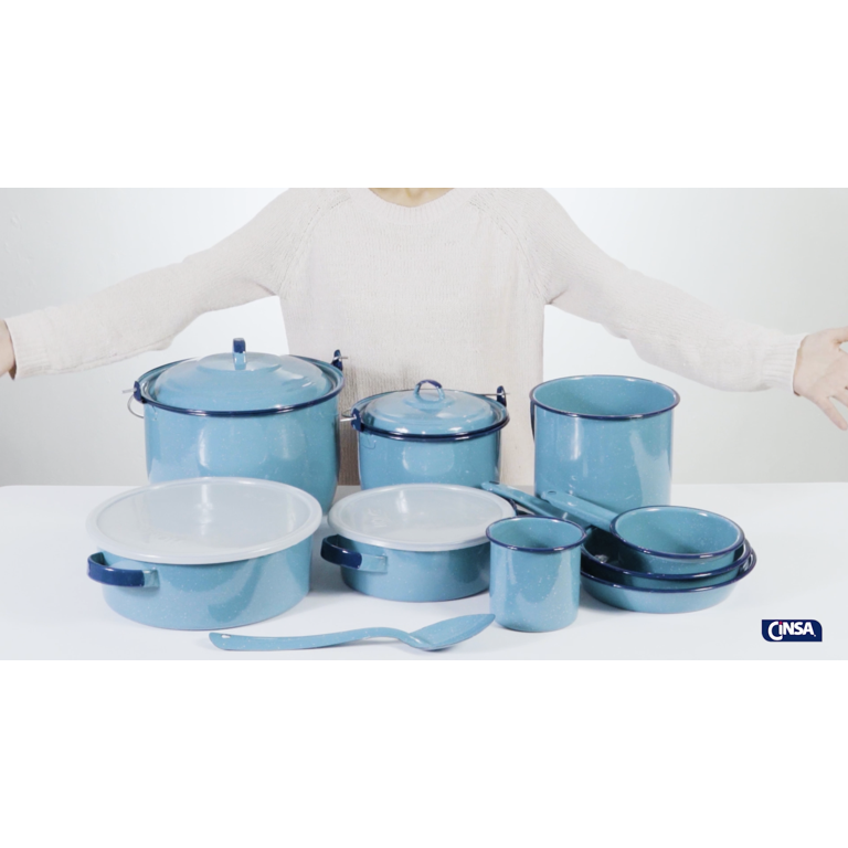 Cinsa 14-Piece Enameled Steel Cookware Set, Turquoise Blue