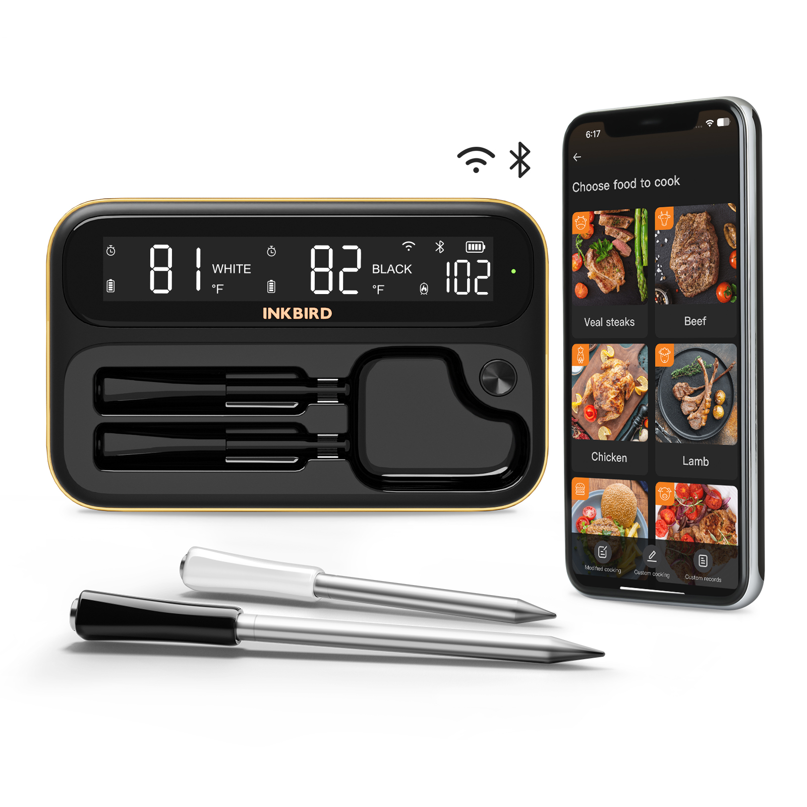 thumbnail video image 2 of INKBIRD 5GHz & 2.4GHz WiFi Wireless Meat Thermometer with 2 Size-Coded Probes and Unlimited Range,Bluetooth 5.4 Thermometer with 360° Readable LCD-Enhanced Booster,White, 2 of 10