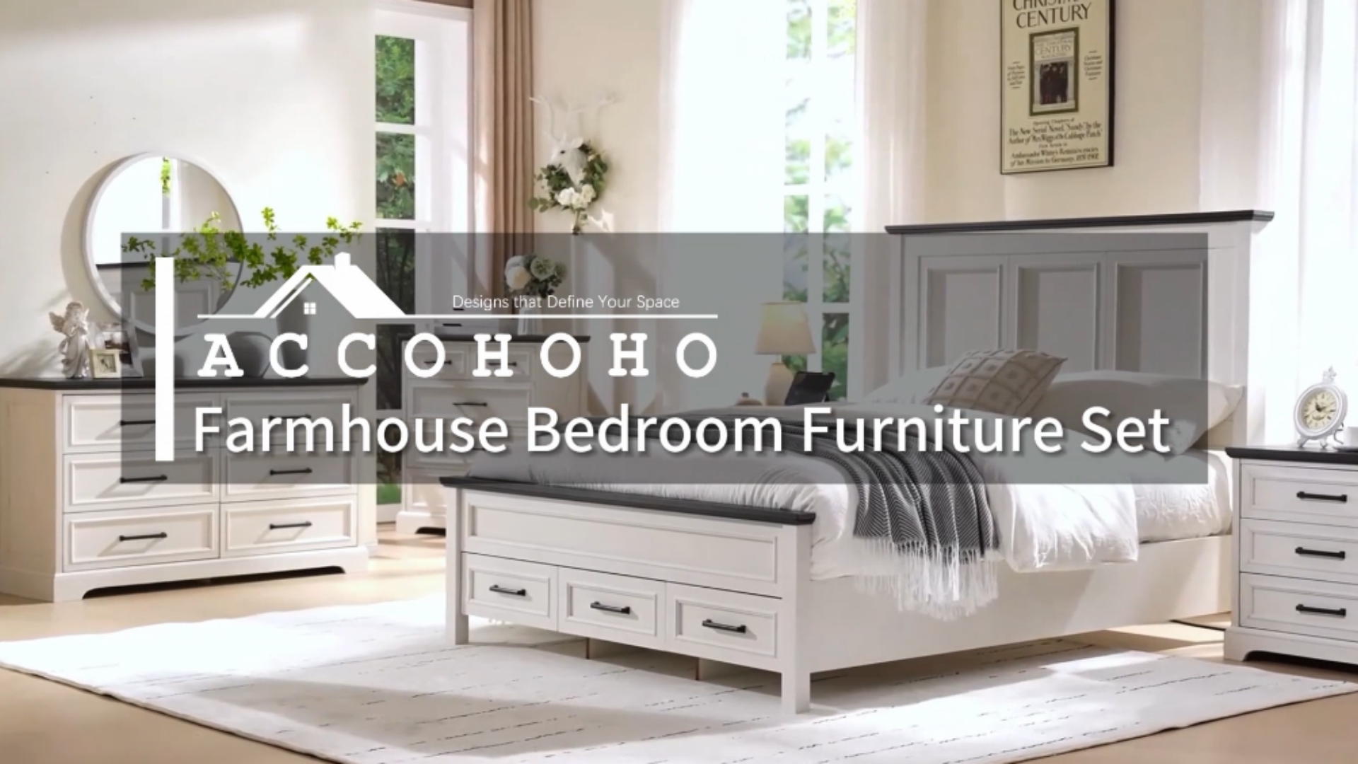 thumbnail video image 2 of ACCOHOHO Rustic 3 Drawers Nightstand with Charging Station, 24" Wide Wood Farmhouse Night Stand with Drawers for Bedroom, Living Room, Blue, 2 of 8