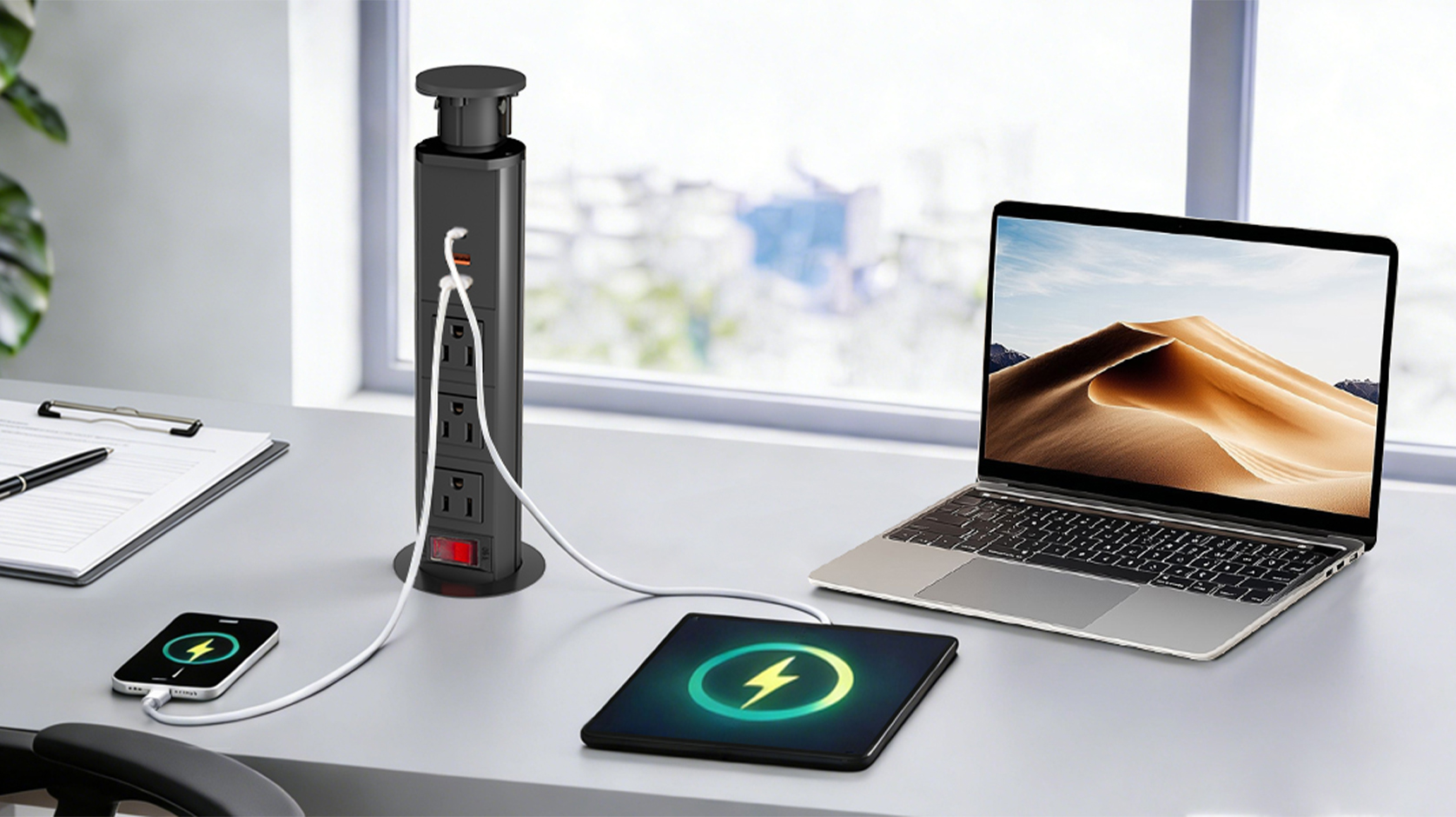thumbnail video image 2 of ZHANGONG Manual Pop Up Outlet for Countertops, 3 Outlets & 3 USB (1 USB-C) 30W Fast Charging, 12A Overload Protection Desk Recessed Power Strip, 2 of 10