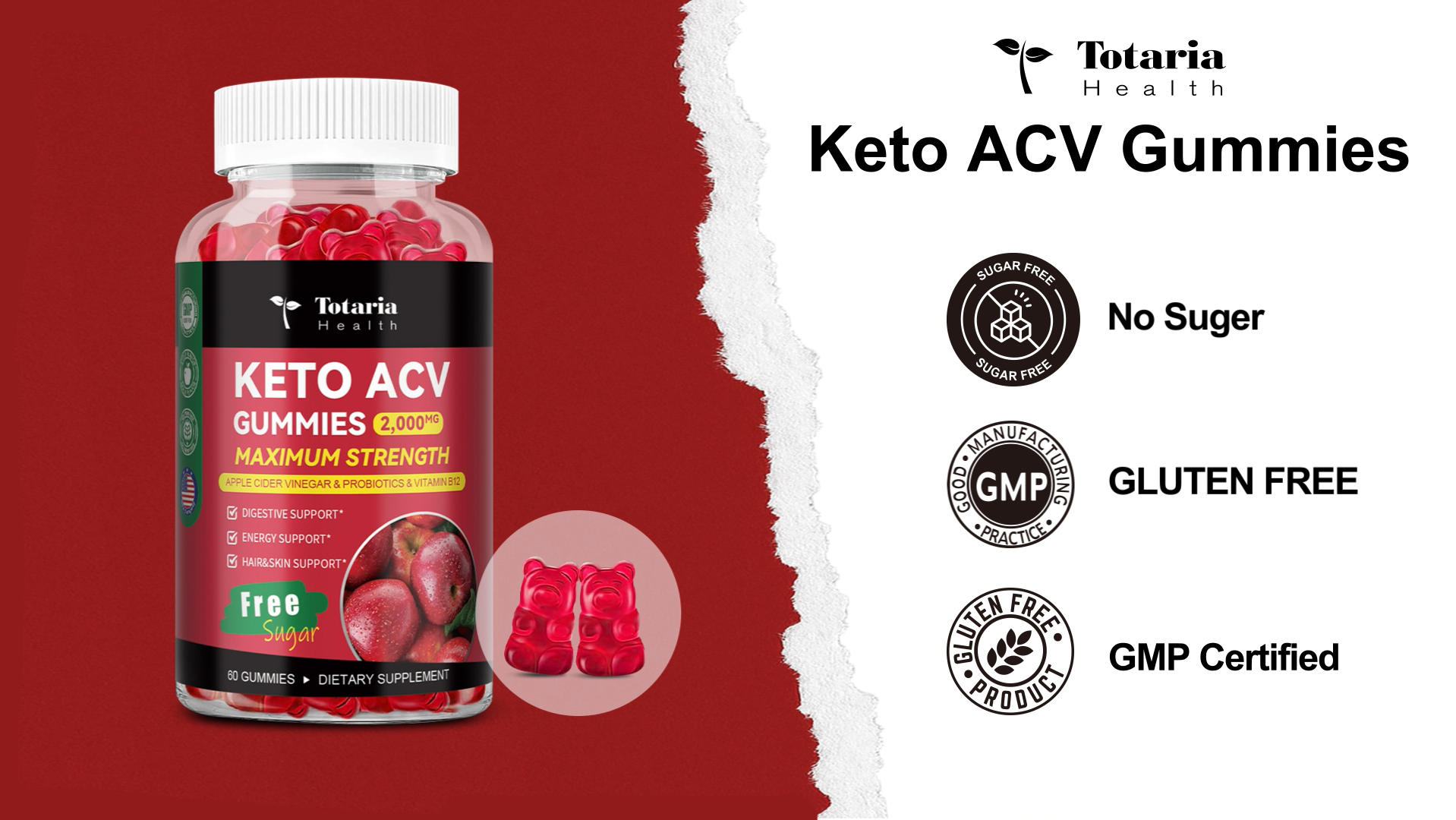 thumbnail video image 2 of Totaria Keto ACV Gummies - 2000mg Apple Cider Vinegar Gummies, Sugar-Free, with Probiotics & B12, Keto Supplements for Women & Men, 60 Count, 2 Pack, 2 of 7