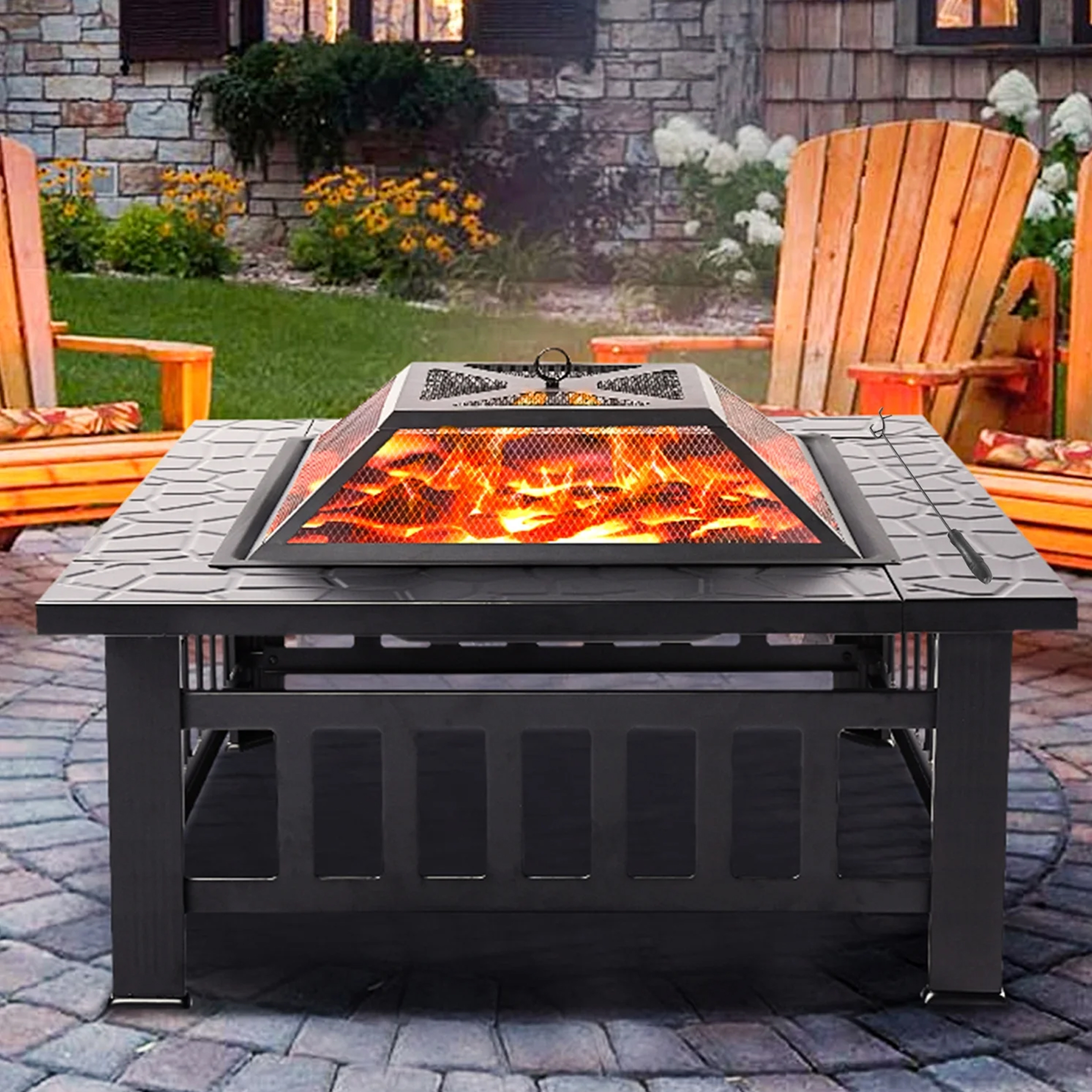 thumbnail video image 2 of Fire Pits for Outside, 32" Wood Burning Fire Pit Tables with Screen Lid, Poker, BBQ Net, Ice Tray, Food Clip and Cover, Backyard Patio Garden Outdoor Fire Pit/Ice Pit/BBQ Fire Pit, Black, 2 of 11