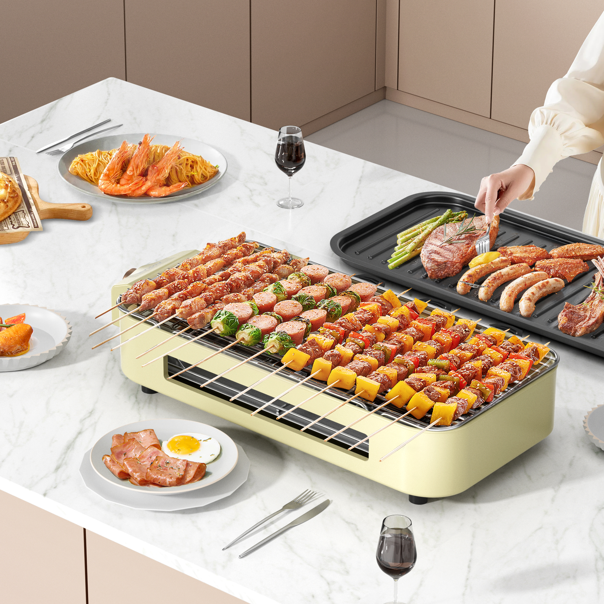 AORAN 1800W Smokeless Indoor Grill & Hot Pot Combo | Yin-Yang Non-Stick Griddle With 4 Tools | Adjustable Temp, Removable For Easy Clean, White