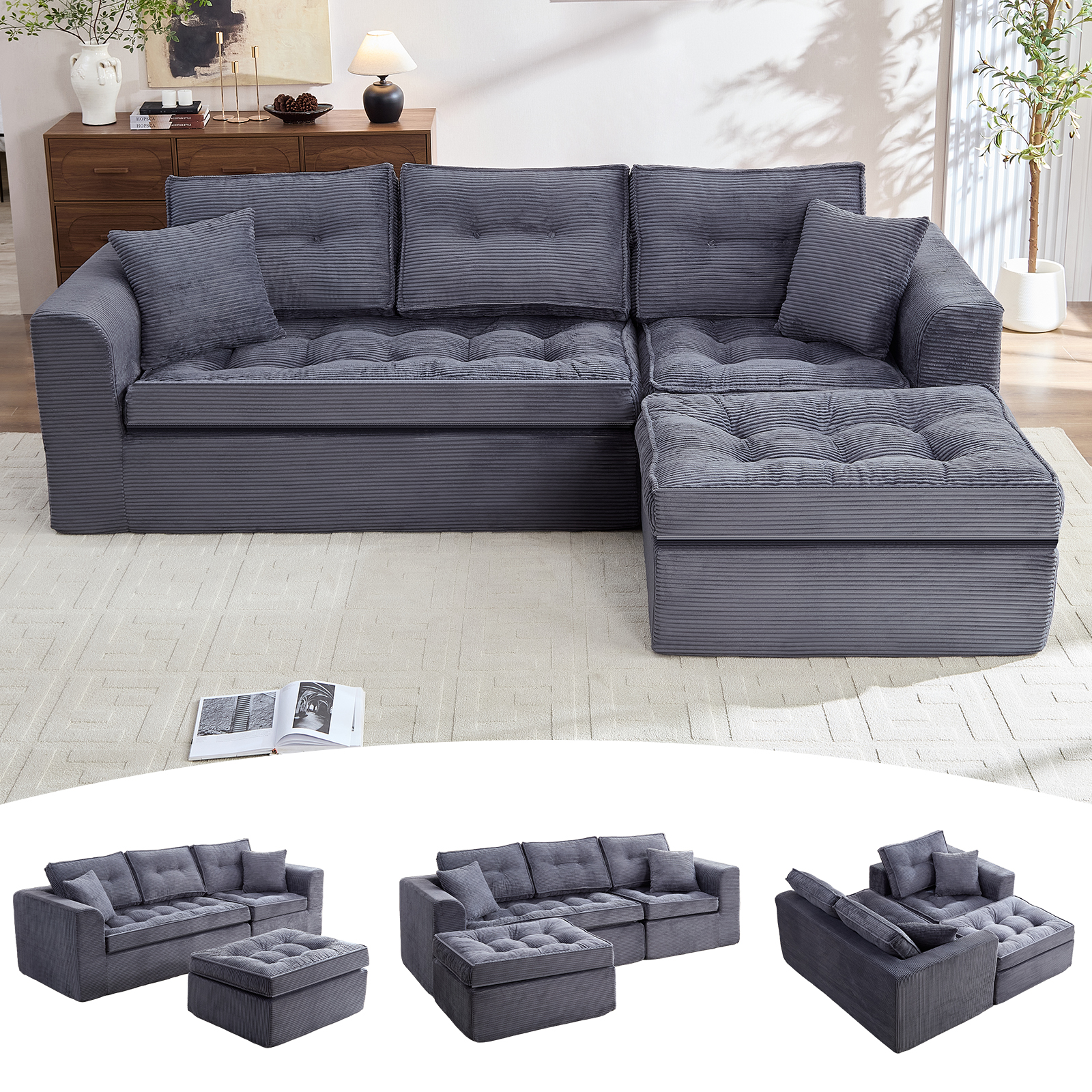 thumbnail video image 2 of Housiney 103 inch Cloud Sectional Couch, Modern Modular Sofa with L-Shape Chaise, Corduroy Couches for Living Room Bedroom, No Assembly Required, Gray, 2 of 9