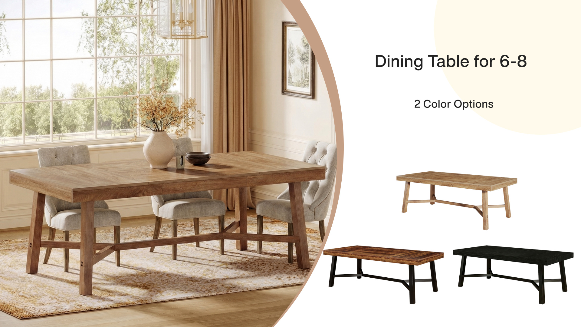 thumbnail video image 2 of Finmind 70.9-inch Farmhouse Dining Table for 6-8, Large Rectangle Kitchen Table, Light Brown, 2 of 8