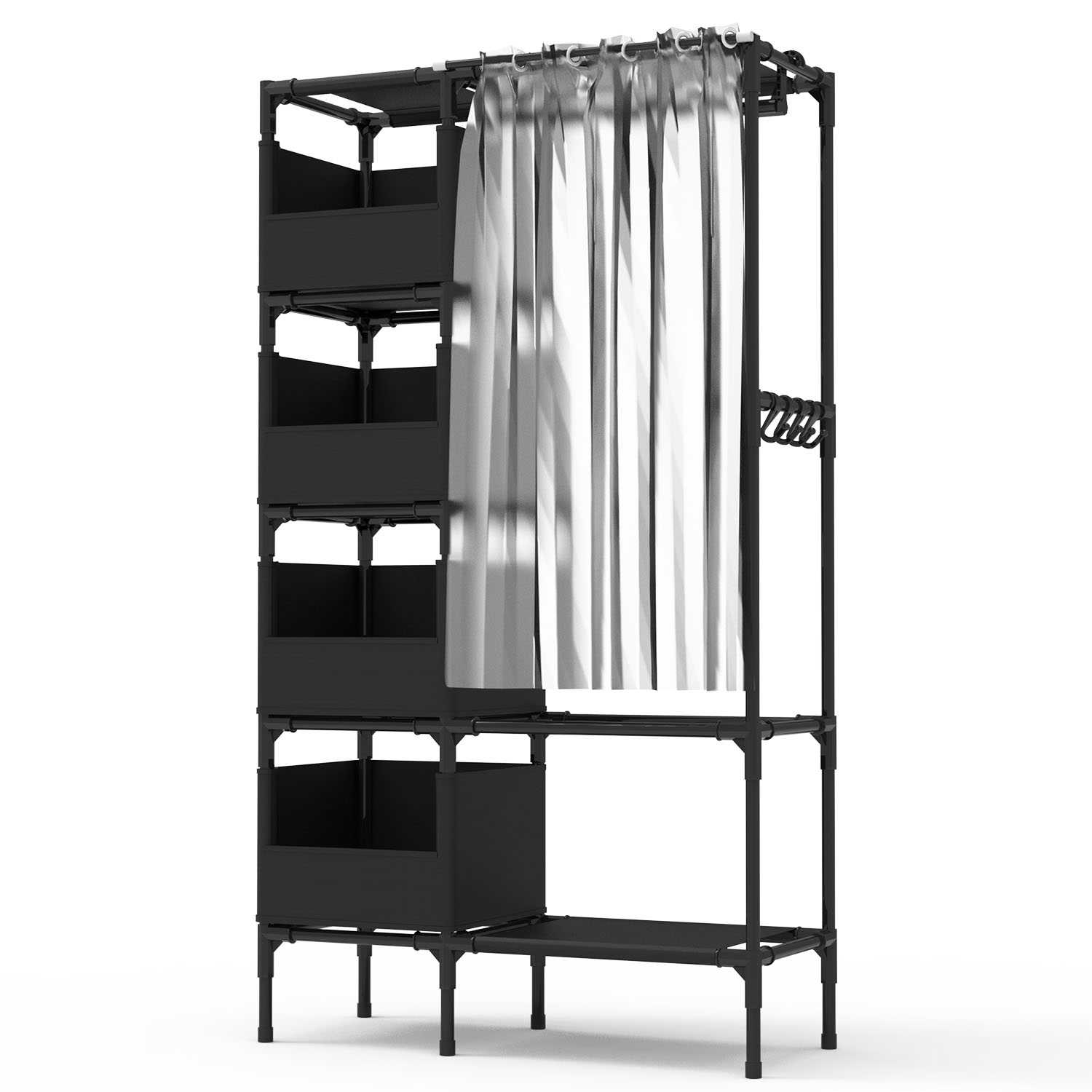 thumbnail video image 2 of iMounTEK Portable Closet with 4 Storage Cabinet, Wardrobe Closet Clothing Rack with Curtain for Living Room, Bedroom, Black, 2 of 12