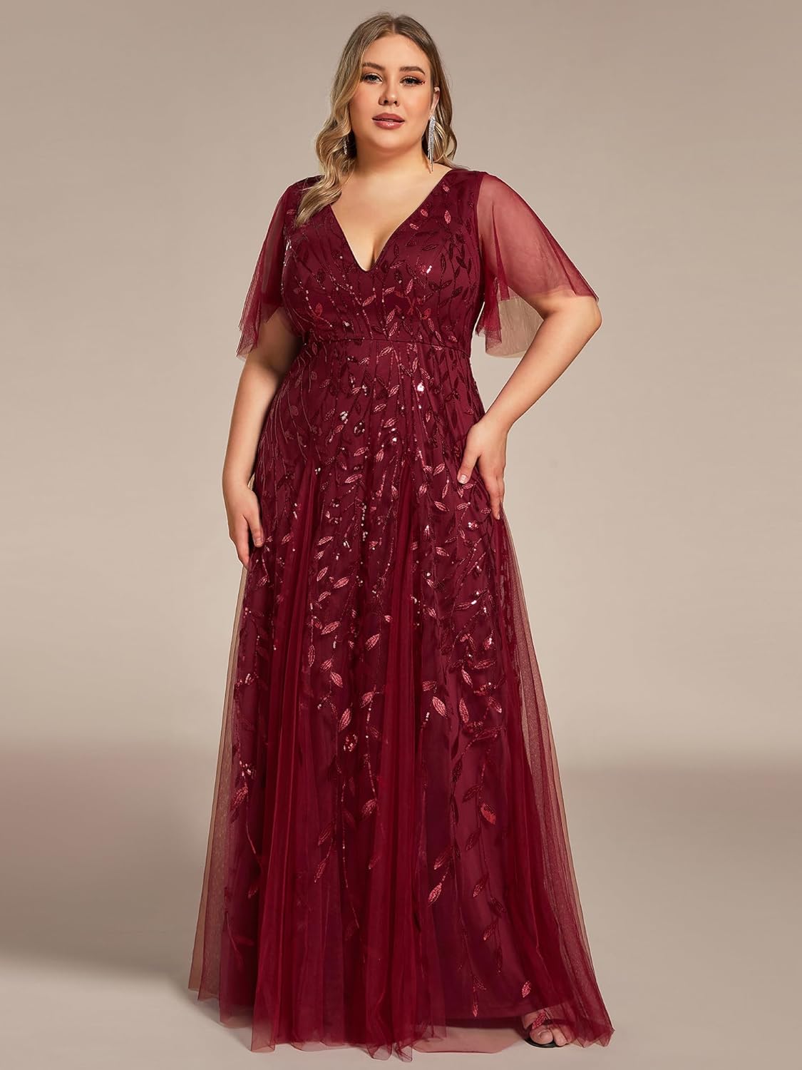 thumbnail video image 2 of AURA Women's Plus Size Sequin Embroidered Formal Evening Gown V-Neck Sheer Short Sleeve A-Line Mother of Biride Dress, 2 of 7