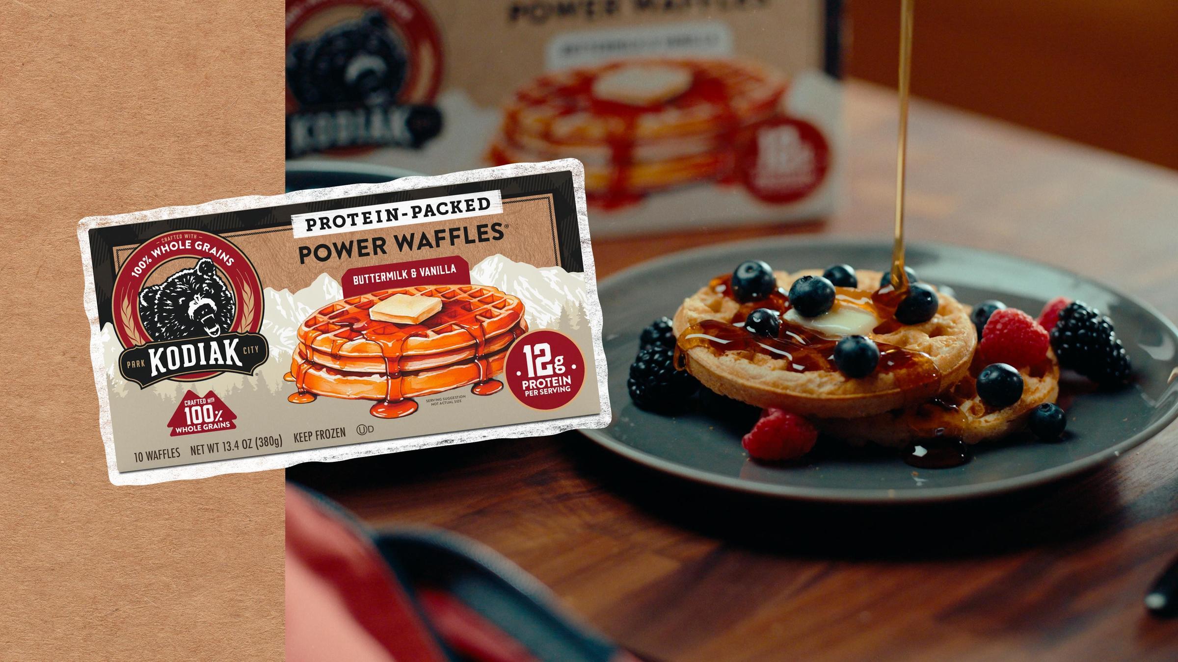 thumbnail video image 2 of Kodiak Protein-Packed Buttermilk and Vanilla Power Waffles, 13.4 oz, 10 Count (Frozen), 2 of 9