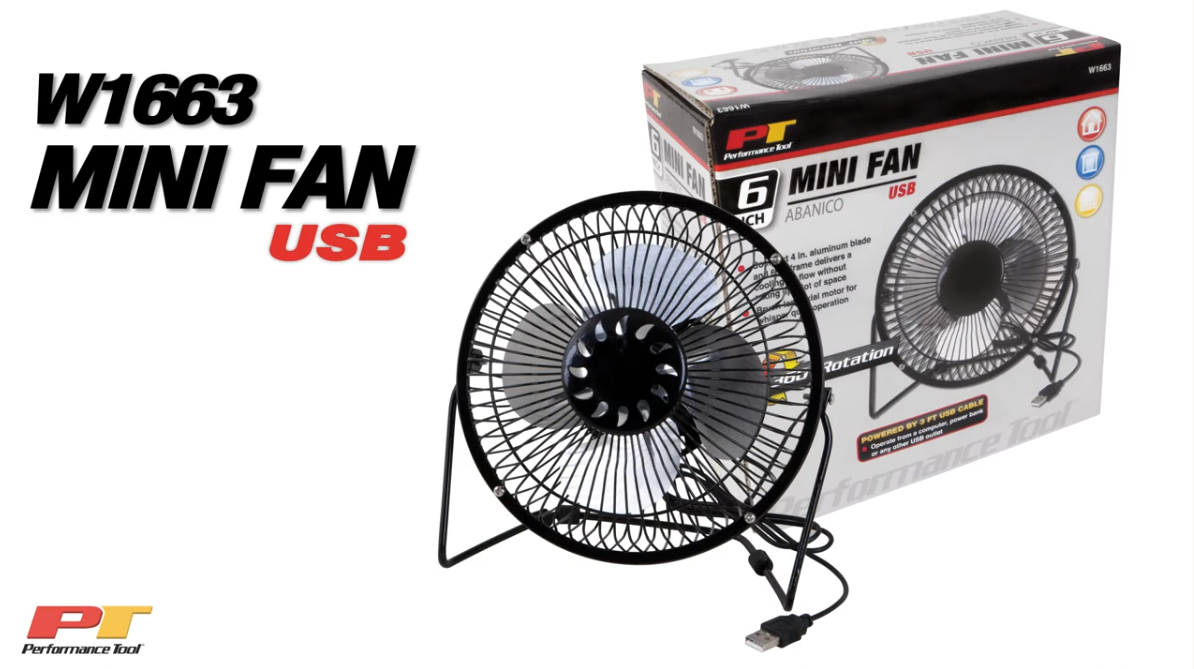 thumbnail video image 2 of Performance Tool W1663 6-Inch Blade (Powerful Airflow, Low Noise, Metal Design, USB Powered, Personal Table Fan, Mini Cooling Fan, Small Desk Fan, Quiet Office Fan), 1 Pack, 2 of 6