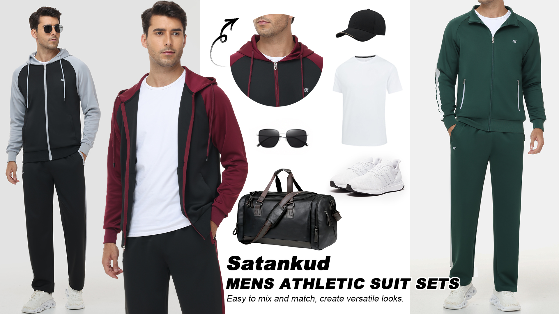 thumbnail video image 2 of Satankud Men's Tracksuits 2 Pieces Set Long Sleeve Causal Full Zip Hiking Jogging Gym Sports Sweatsuit for Men Outfits Black-XL, 2 of 8