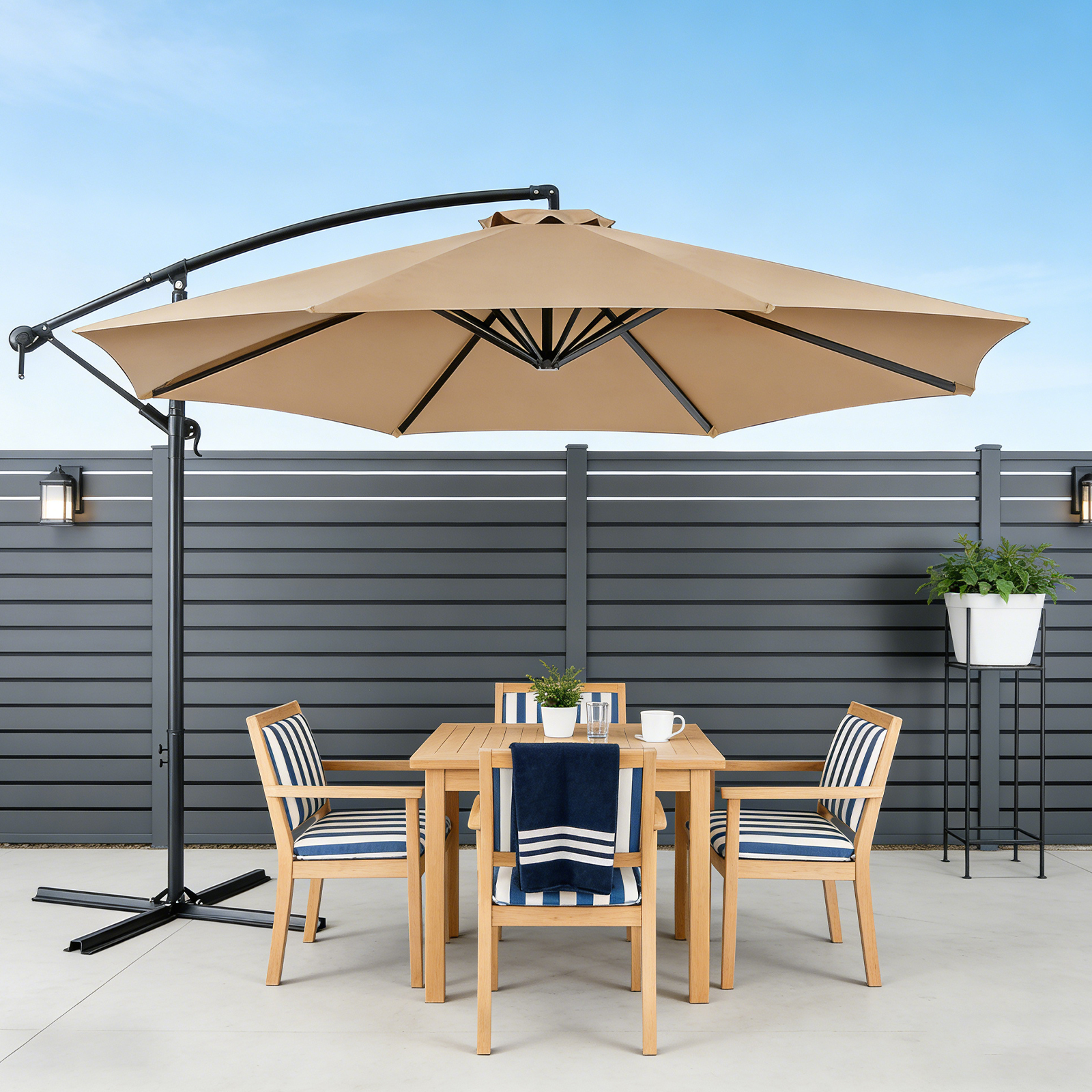 thumbnail video image 2 of HaiNova 10 ft Offset Patio Umbrella, All-Weather UV Protection Cantilever Umbrella Suitable For Garden, Backyard and Beach, Khaki, 2 of 9