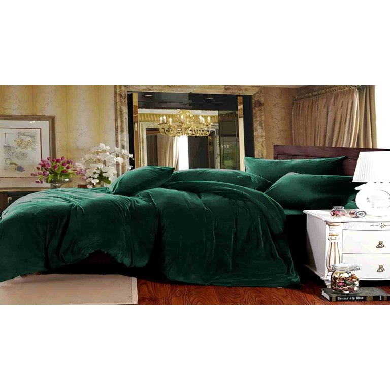 Omelas Green Velvet Duvet Cover Set King Size – Dark Green, Flannel Back, Hidden Zipper & Corner Ties – Winter Warm