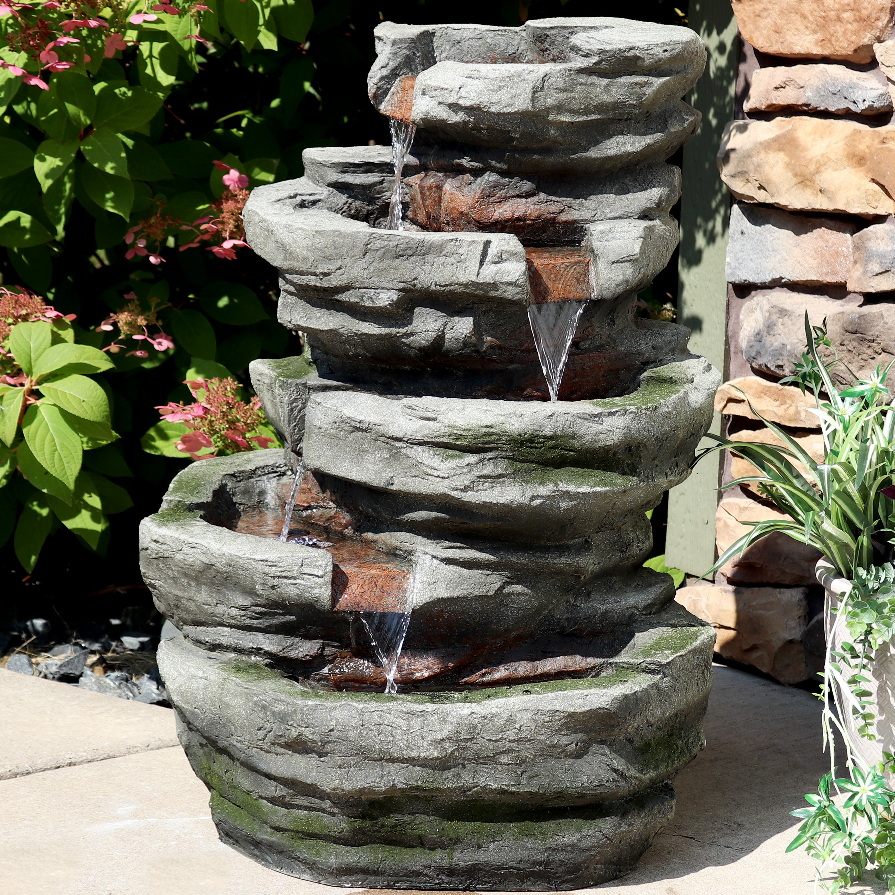 thumbnail video image 2 of Sunnydaze Cobblestone Rock Polyresin Outdoor Water Fountain with Lights, 2 of 7