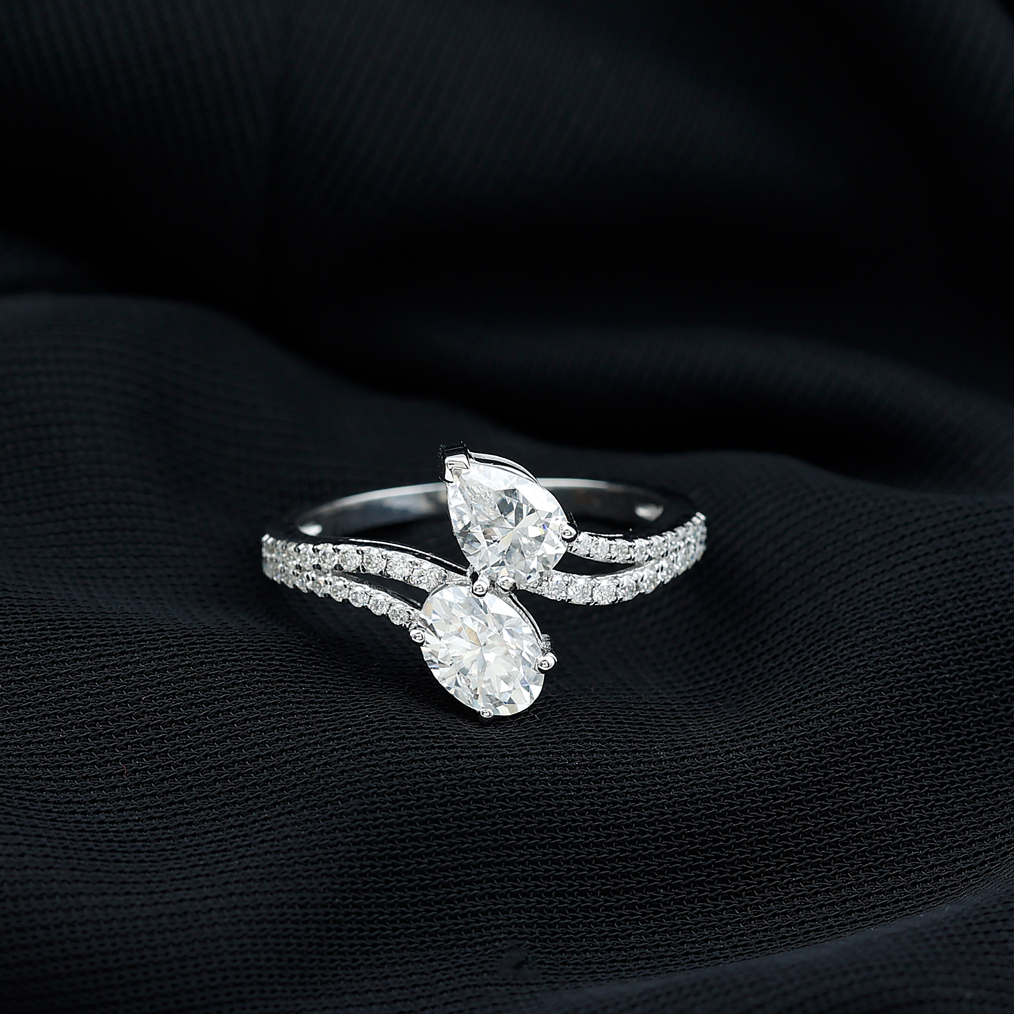 thumbnail video image 2 of Rosec Jewels 2 Stone Diamond Ring - Bypass Engagement Ring (5x7 mm Oval and Pear Lab Grown Diamond), 18K White Gold, US 7.50, 2 of 8