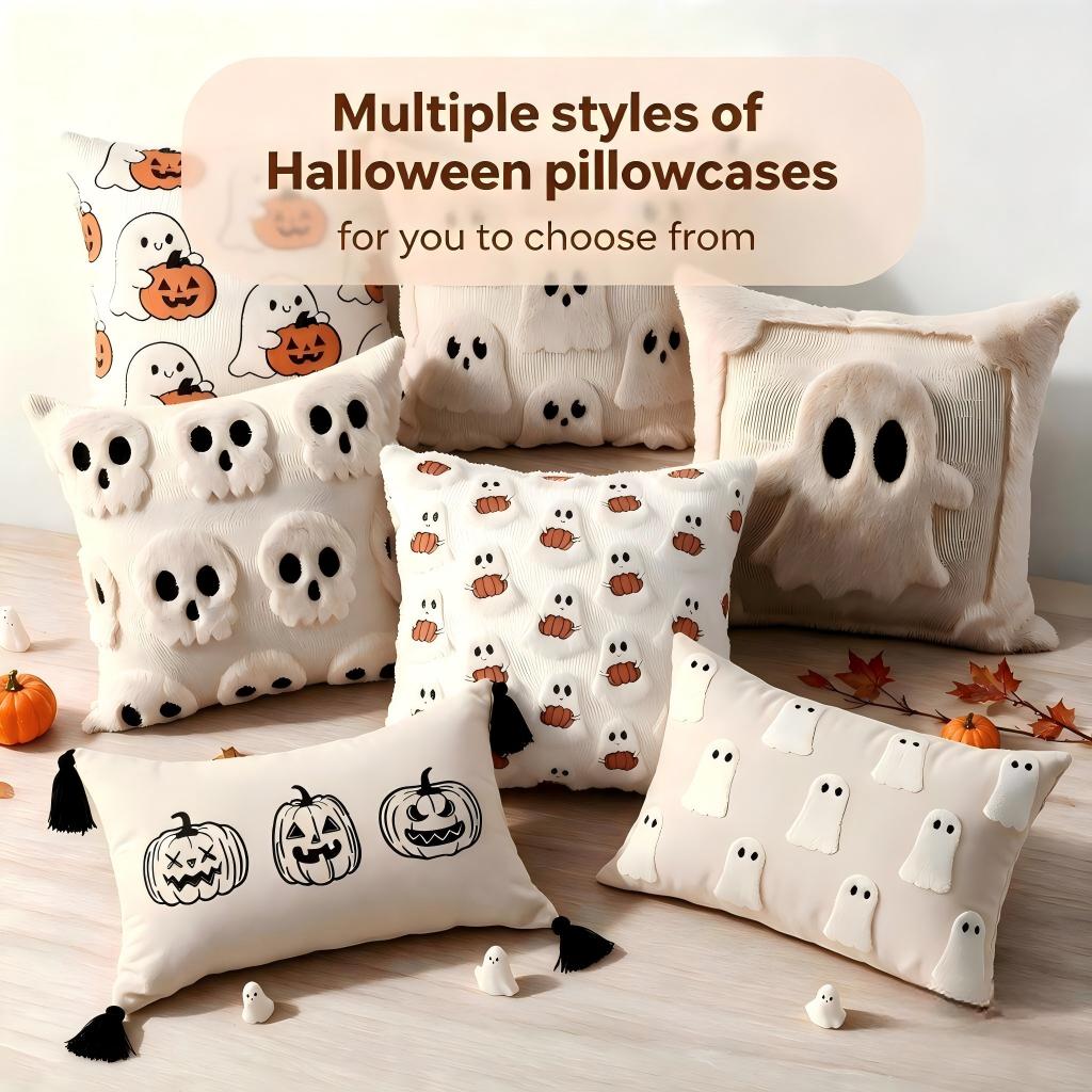 thumbnail video image 2 of Halloween Ghost Pillow Covers with Pumpkin Embroidery, Cute White Plush Throw Pillow Covers for Couch Bed Sofa Decor, Soft Knitted Decorative,Spooky Holiday Accent,17.7x17.7in,1 pack, 2 of 8