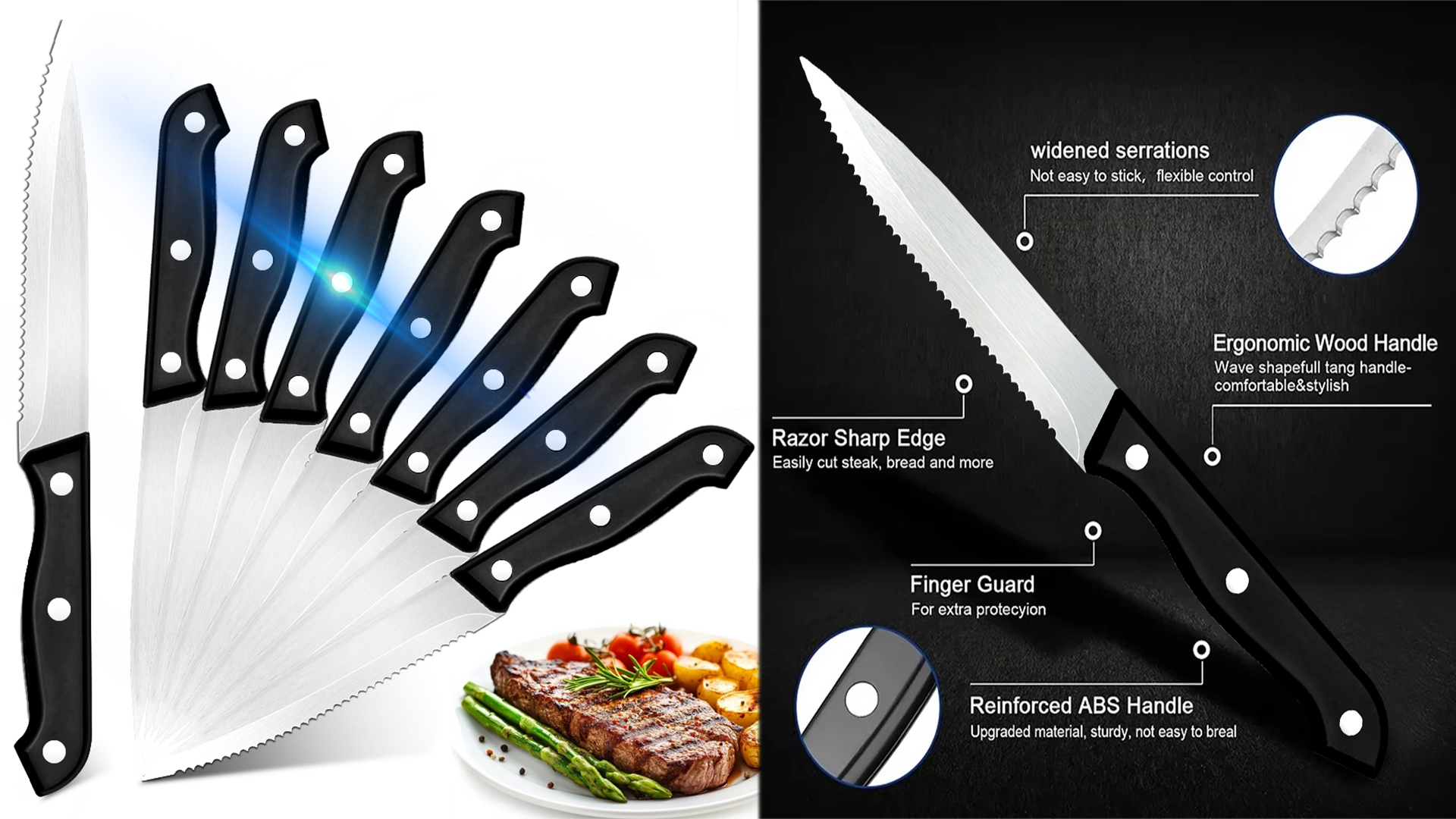 thumbnail video image 2 of Serrated Steak Knives Set of 6 Sharp Dinner Knife Cutlery Set Stainless Steel Kitchen Knife for Precise Cutting,Dishwasher Safe, 2 of 8