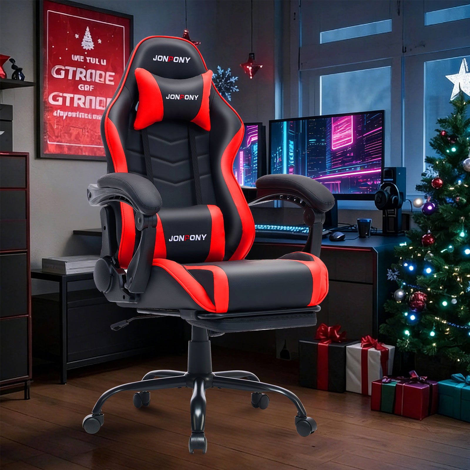 thumbnail video image 2 of JONPONY Big and Tall 500LBS Gaming Chair, Ergonomic High Back Gamer Chair with Footrest Lumbar Support, PU Leather Office Computer Chair for Long Sitting, Red, 2 of 9