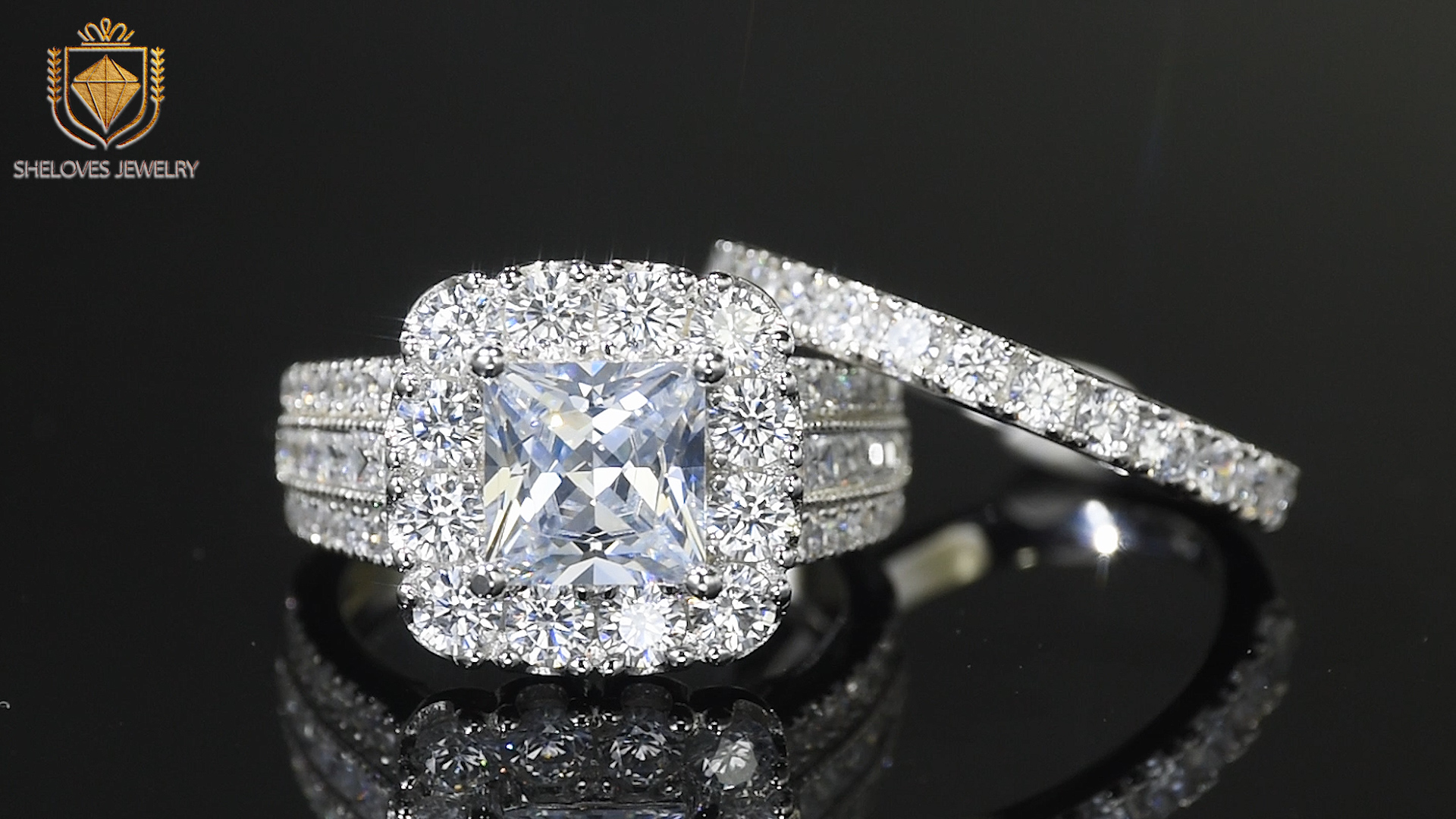 thumbnail video image 2 of SHELOVES Vintage Style Princess Halo AAAAA CZ Wedding Engagement Ring Sets for Women 925 Sterling Silver Size 9, 2 of 7