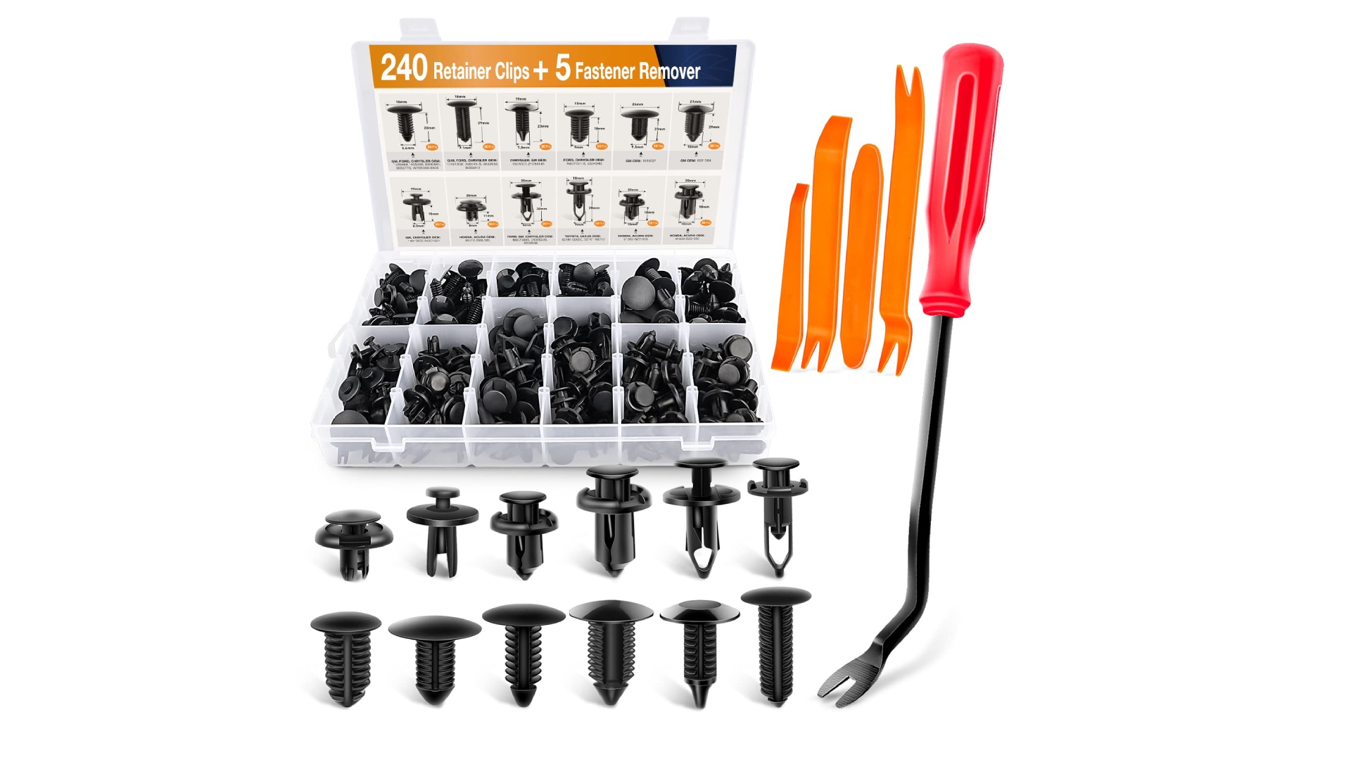 thumbnail video image 2 of GOOACC 240Pcs Bumper Retainer Clips Car Plastic Rivets Fasteners Push Retainer Kit Most Popular Sizes Auto Push Pin Rivets Set Door Trim Panel Fender Clips for GM Ford Toyota Honda Chrysler, 2 of 8