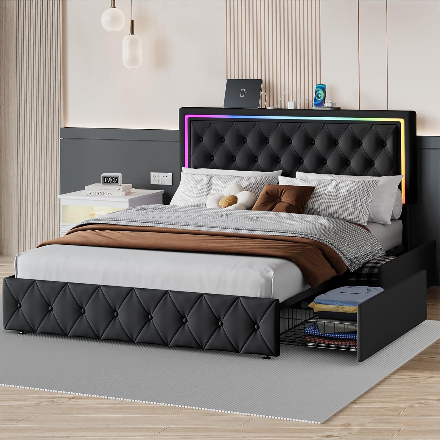 thumbnail video image 2 of LED King Size Bed Frame with Storage and Headboard,King Bed Frame with 4 Storage Drawers and LED Lights,Velvet Upholstered Bed King Size with Charging Station,No Box Spring Needed,Black, 2 of 10