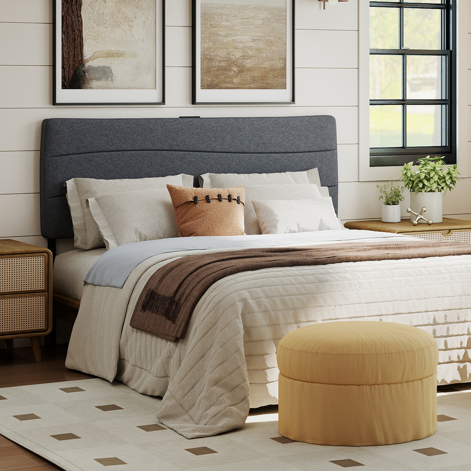 thumbnail video image 2 of JONPONY Full Size Wave Ergonomic Upholstered Headboard, with USB and Type-C Ports, Adjustable Height, Easy Assembly, Grey, 2 of 9