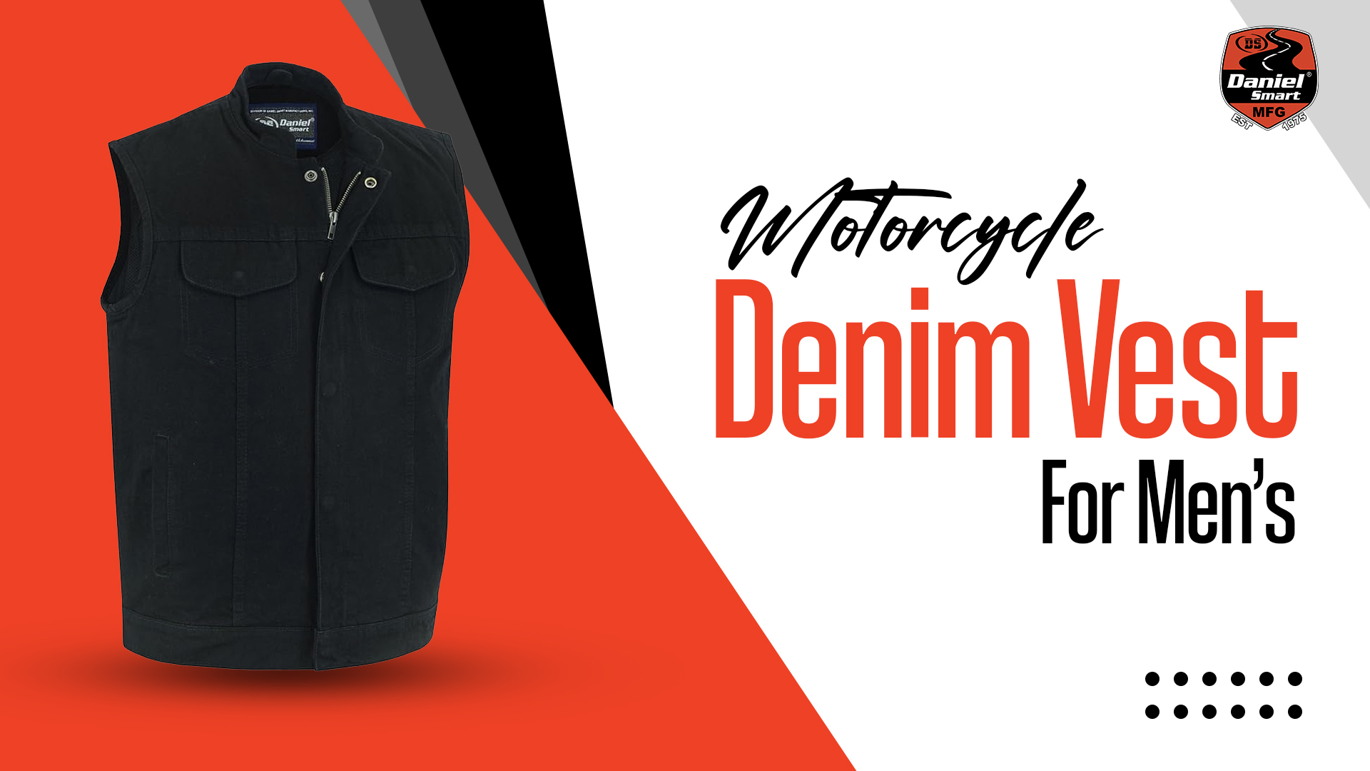 thumbnail video image 2 of Daniel Smart XS to 12XL Motorcycle Denim Vest For Men With Scoop Collar & Hidden Zipper Black Denim Vest, 2 of 7