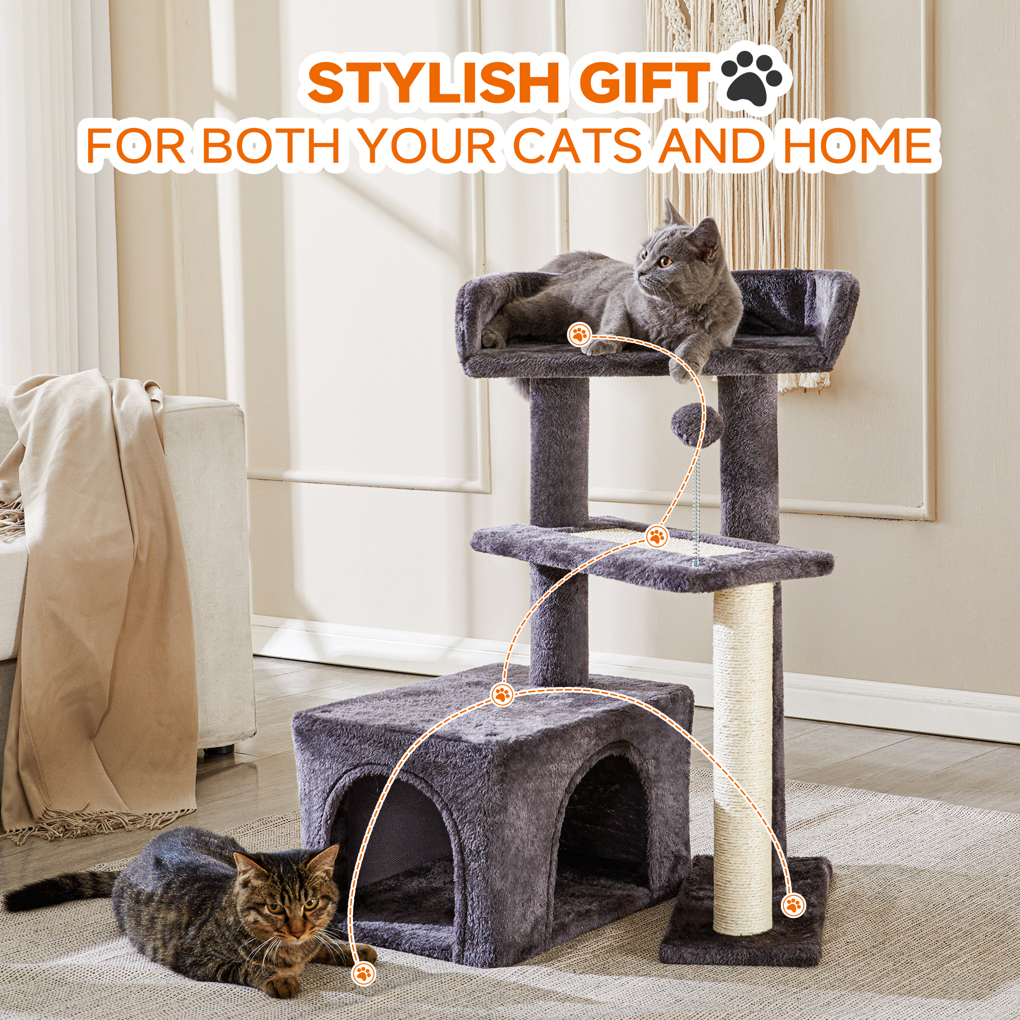 thumbnail video image 2 of Made4Pets 29" High Multi-Level Climbing Furniture Carpet Cat Tree for Indoors Cats, Pink, 2 of 10