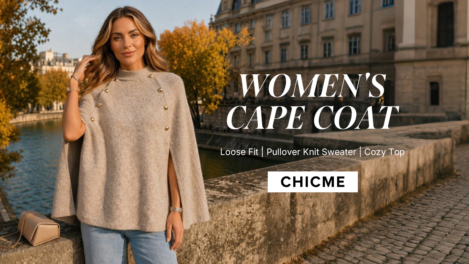 thumbnail video image 2 of CHICME Fall Sweaters for Women Knit Gold Button Mock Neck Batwing Sleeve Cape Style Tops Loose Fit Side Slit Pullover khaki-L, 2 of 9