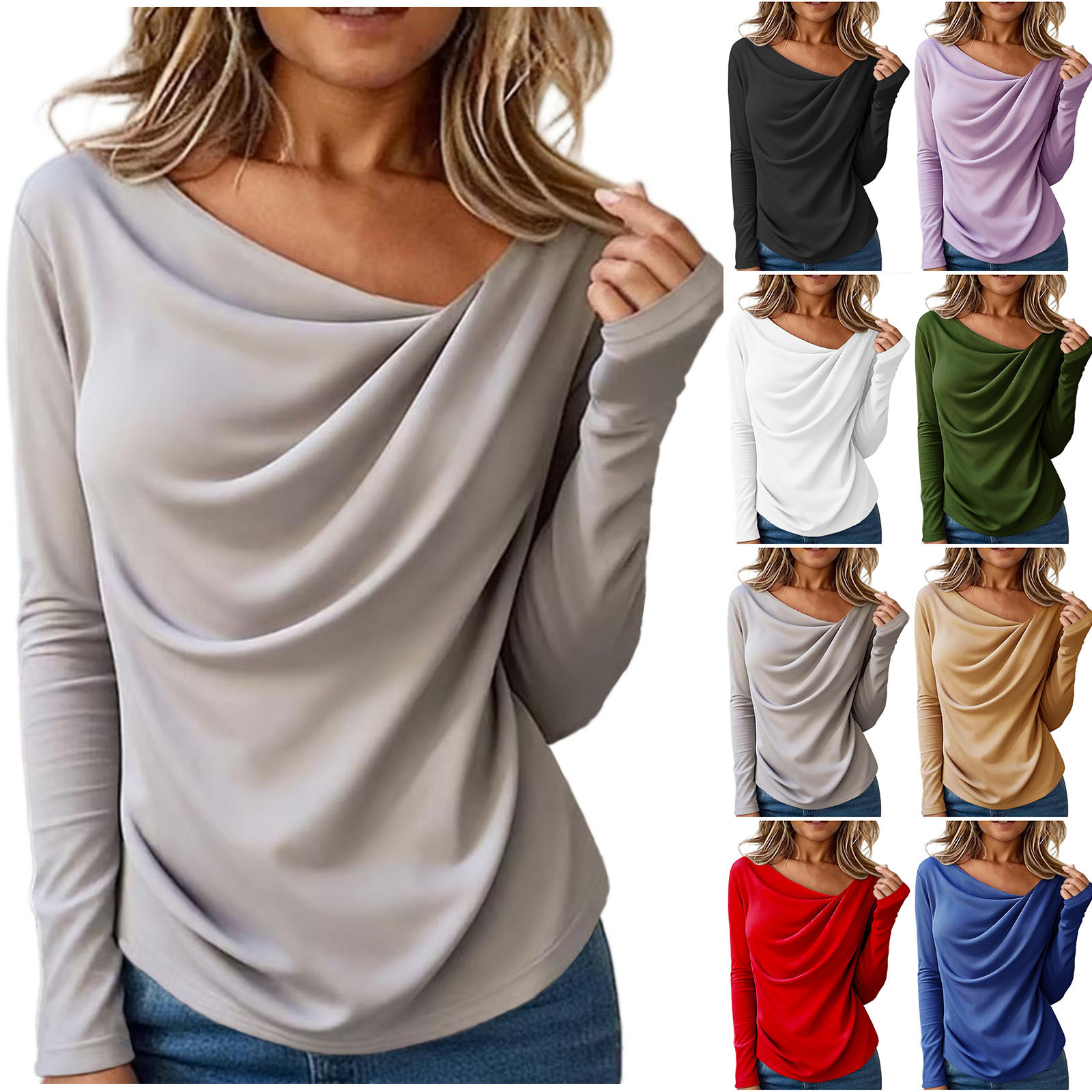 thumbnail video image 2 of Umfun Women's Cowl Neck Top Long Sleeve Draped Front Blouse - Casual Regular Fit Tunic Shirt for Work and Daily Wear, 2 of 9